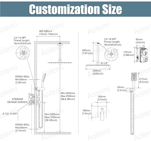 Miniatura 18 de Aolemi Sistema de ducha negro mate para montaje en el techo, cabezal de ducha de lluvia de 12 pulgadas con 3 funciones, rociador de mano ABS de alta