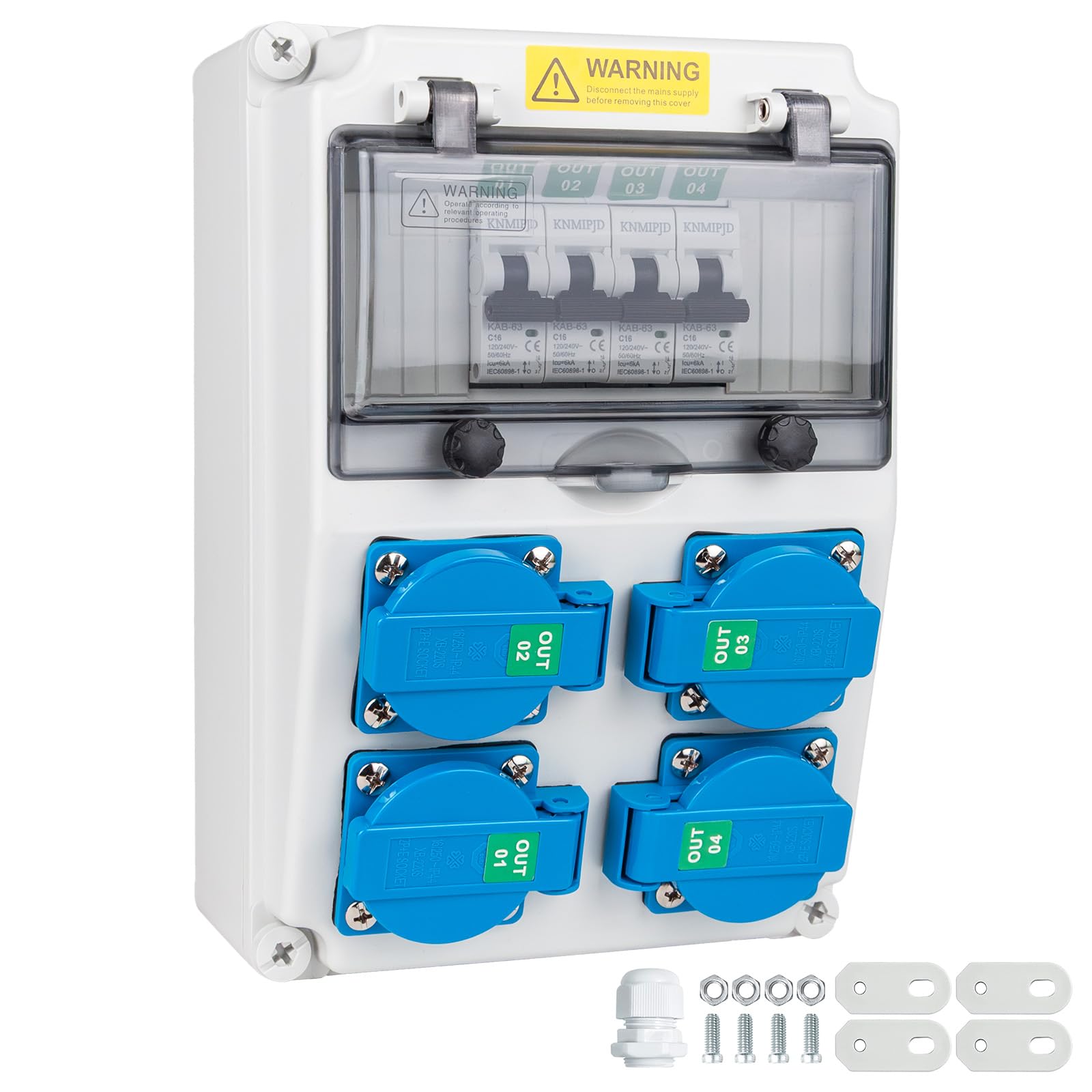 KNMlPJD Stromverteiler mit 16 A 1 Polig Leitungsschutzschalter Baustromverteiler mit 16 A Steckdose Starkstrom verteiler Wandverteiler starkstrom steckdose für den Innen- und Außenbereich(4×16A 1P LS)