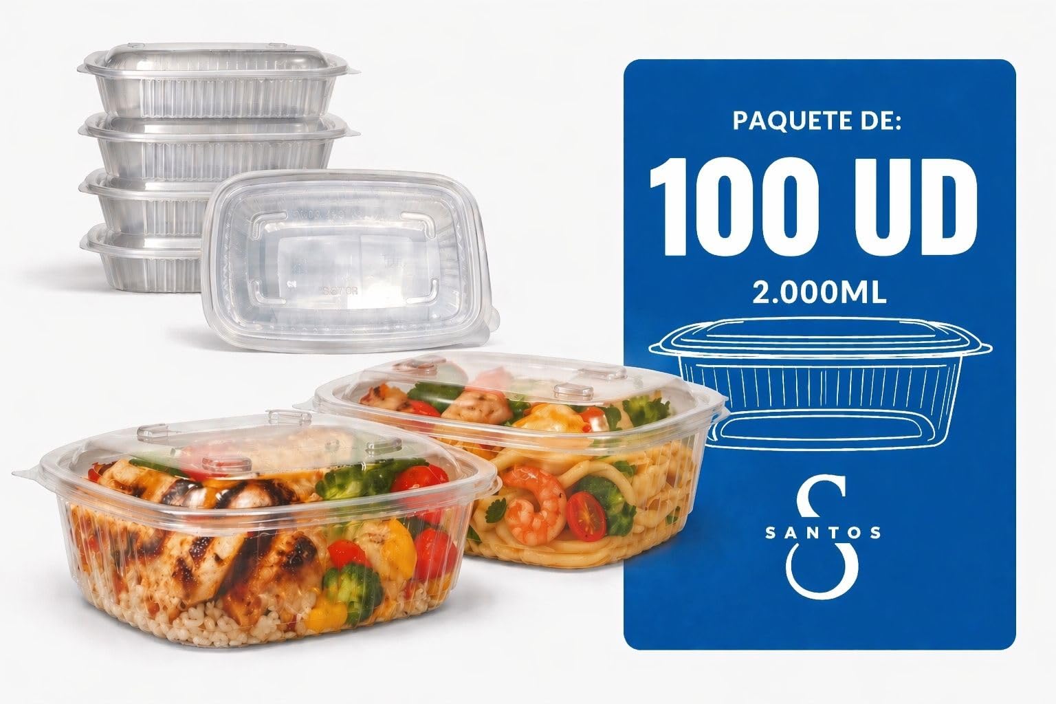 Pack de 100 unidades Envases plástico PP tapa Bisagra 2000 ml