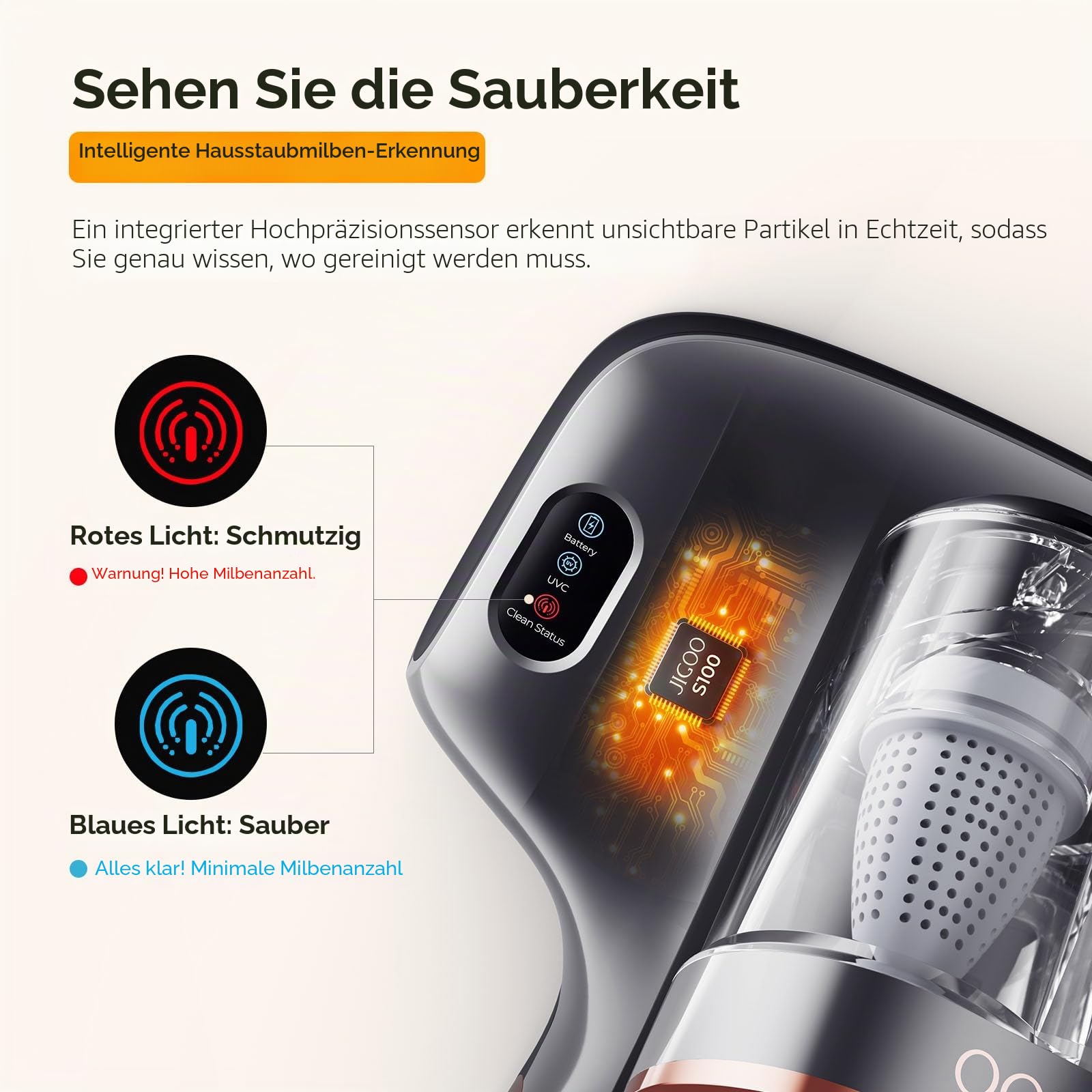 JIGOO S100 Kabelloser Matratzenstaubsauger: Tiefenreinigender Milbenstaubsauger mit UV-Licht gegen Allergene, 80000 U/min Klopftechnik für Matratzen/Kinderbetten/Sofas/Haare