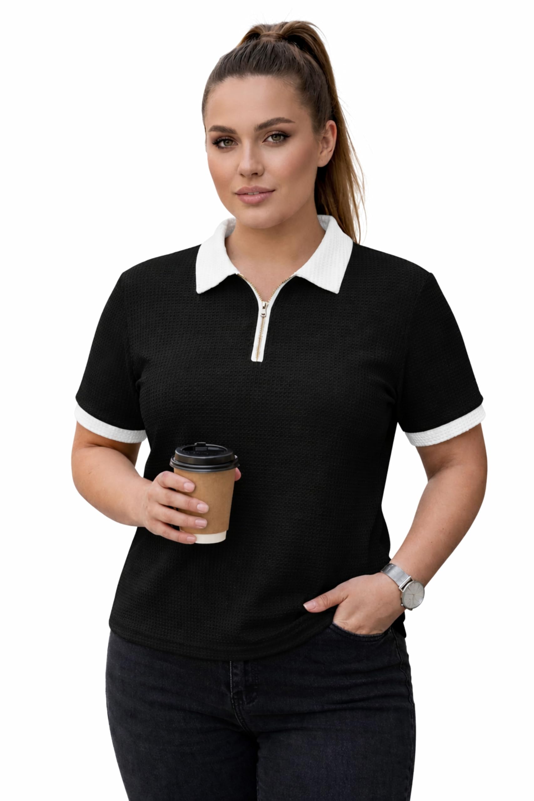 Women Polyester Regular Fit Polo T-Shirt with Short Sleeve and Zipper Waffle Self Design-image-45