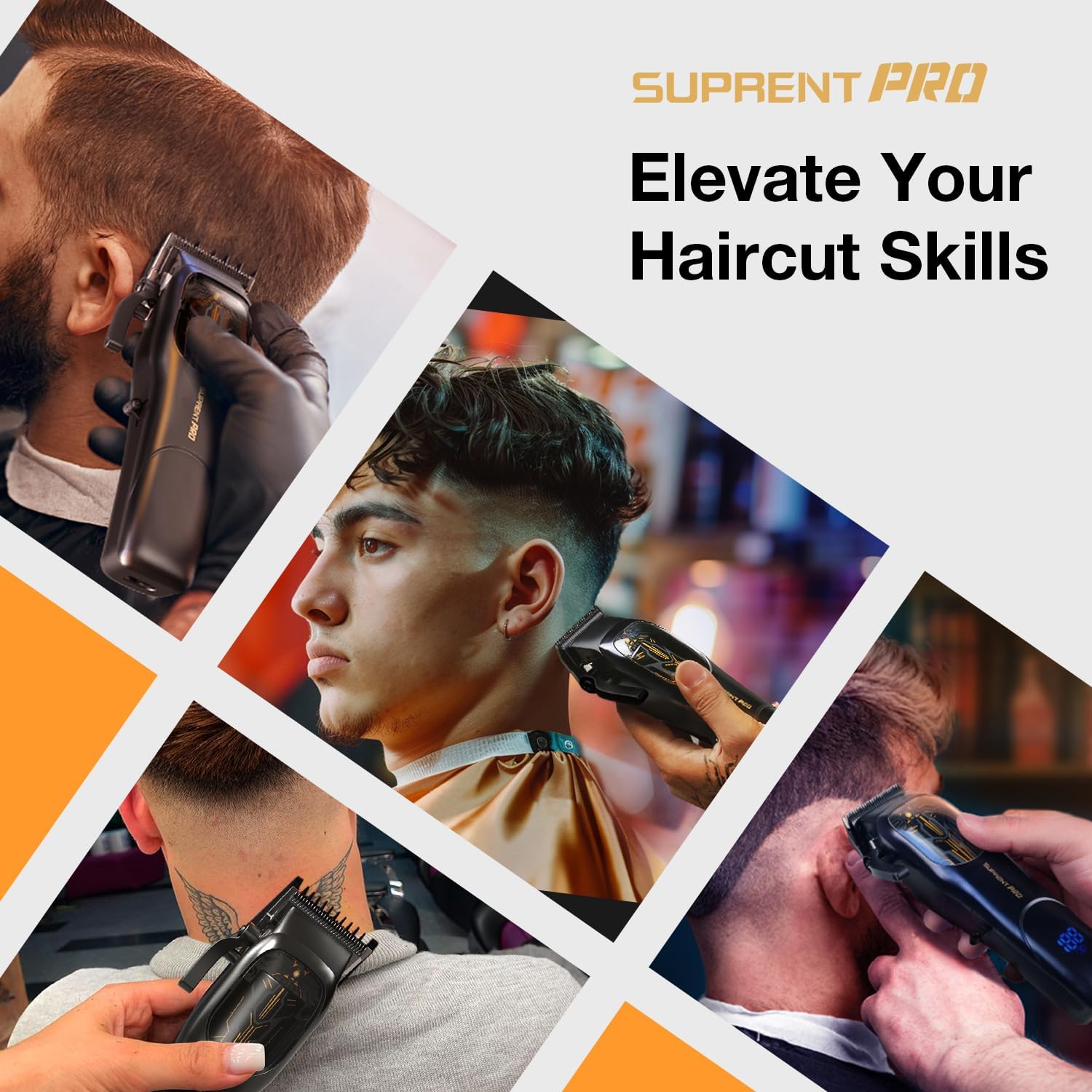 Collage of various haircut styles achieved with SUPRENT PRO clippers