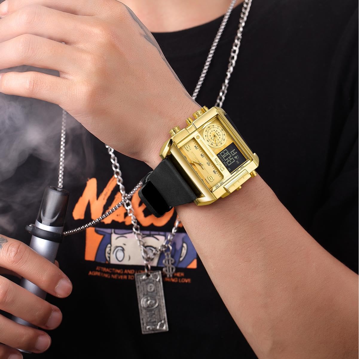 CARLIEN Men's Square Large Face LED Backlight Multi-Time Zone Stopwatch Waterproof Watches Wrist Watches Analog Digital Sports Watch
