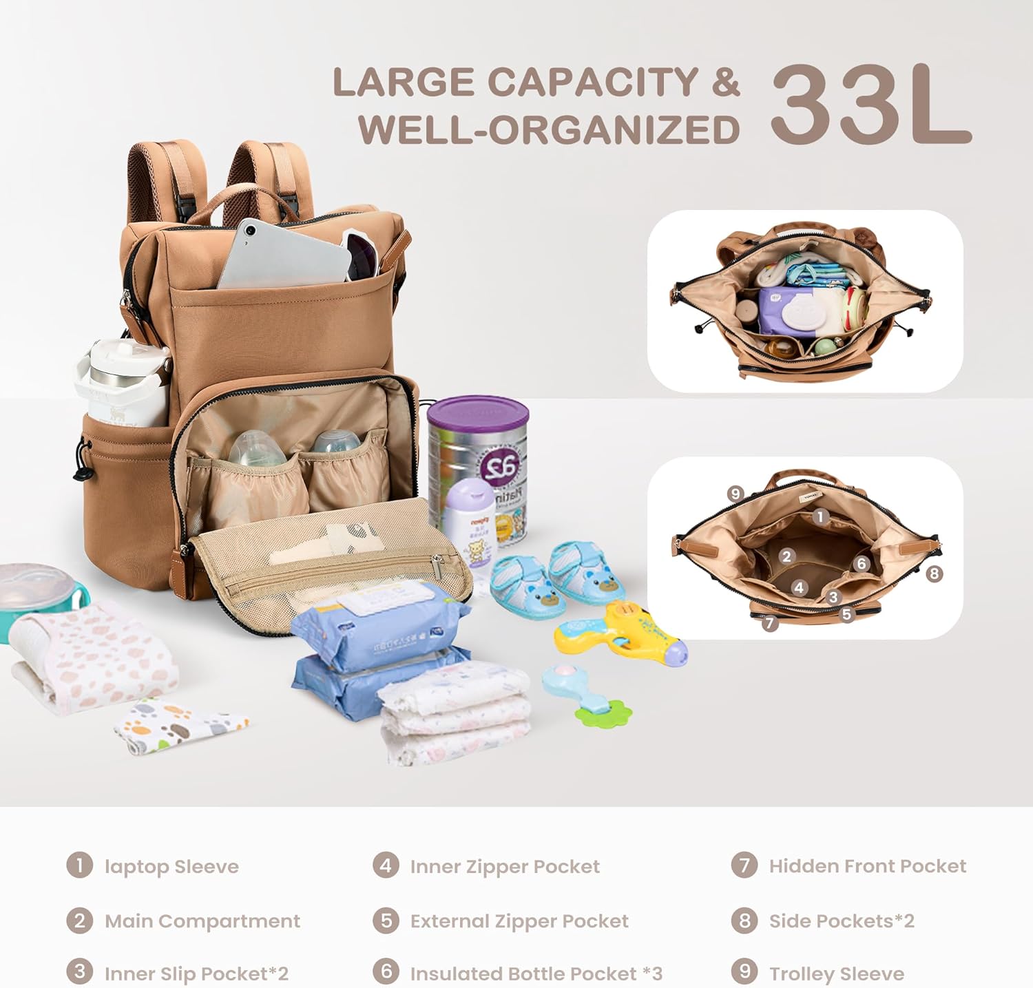 VONAL Neoprene Diaper Bag Backpack with Changing Pad, 33L Large Capacity Neoprene Backpack Baby Diaper Bag with Insulated Pockets, Travel Diaper Backpack Baby with 12 Pockets for Mom & Dad, Brown - Image 4
