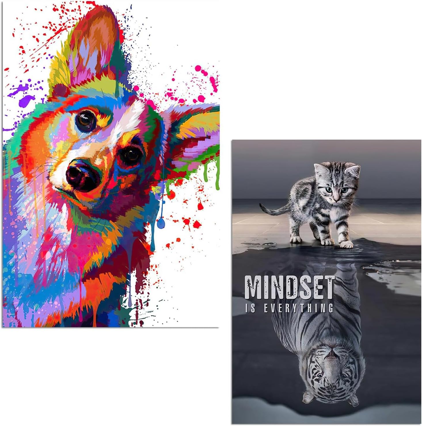 Corgi Poster & Cat Wall Decor 2pcs, Dog Wall Art, Colorful Corgi Canvas Wall Decor For Living Room Decor, Tiger Aesthetic Modern Oil Art Wall Paintings For Bathroom Unframed 16x24inch