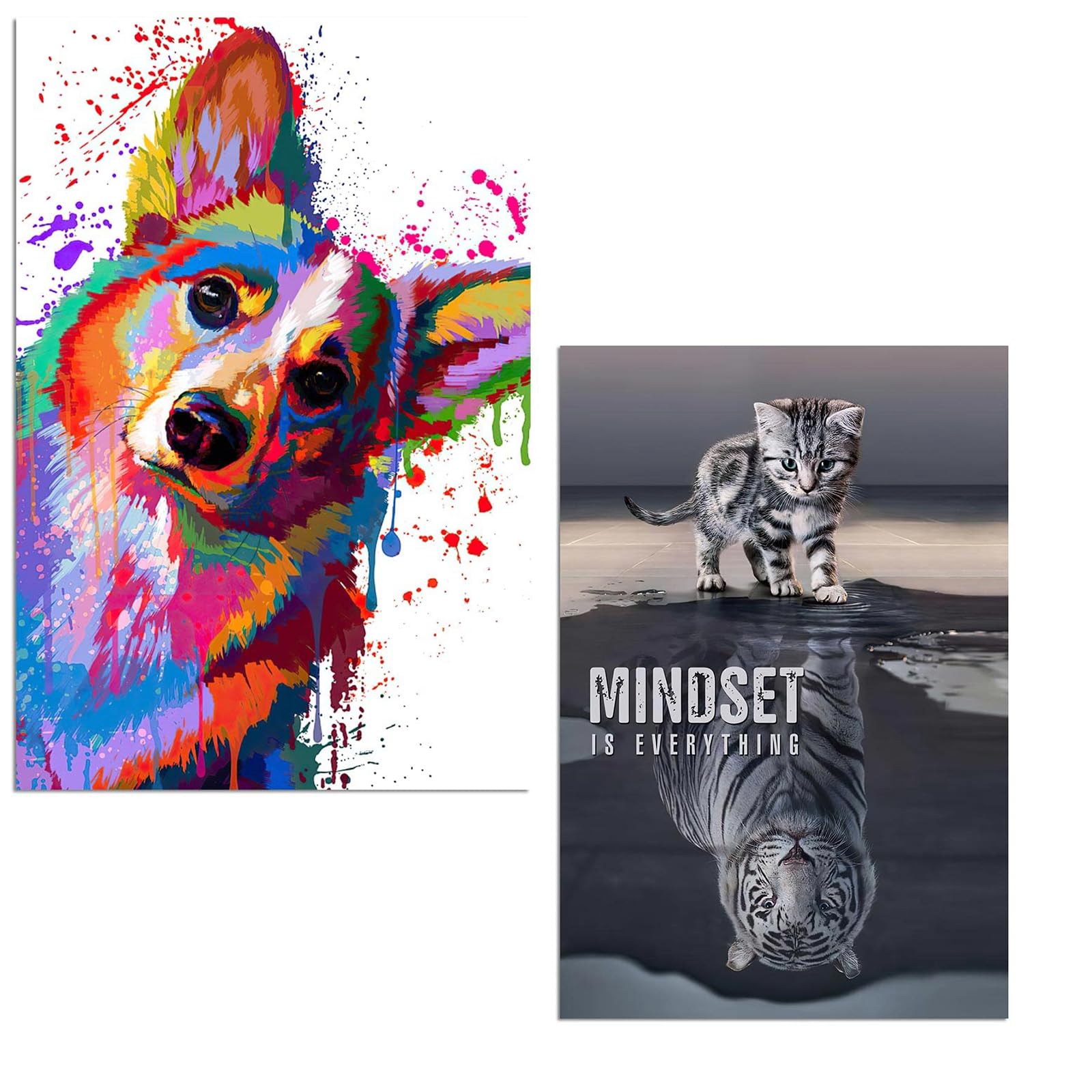 Corgi Poster & Cat Wall Decor 2pcs, Dog Wall Art, Colorful Corgi Canvas Wall Decor For Living Room Decor, Tiger Aesthetic Modern Oil Art Wall Paintings For Bathroom Unframed 16x24inch