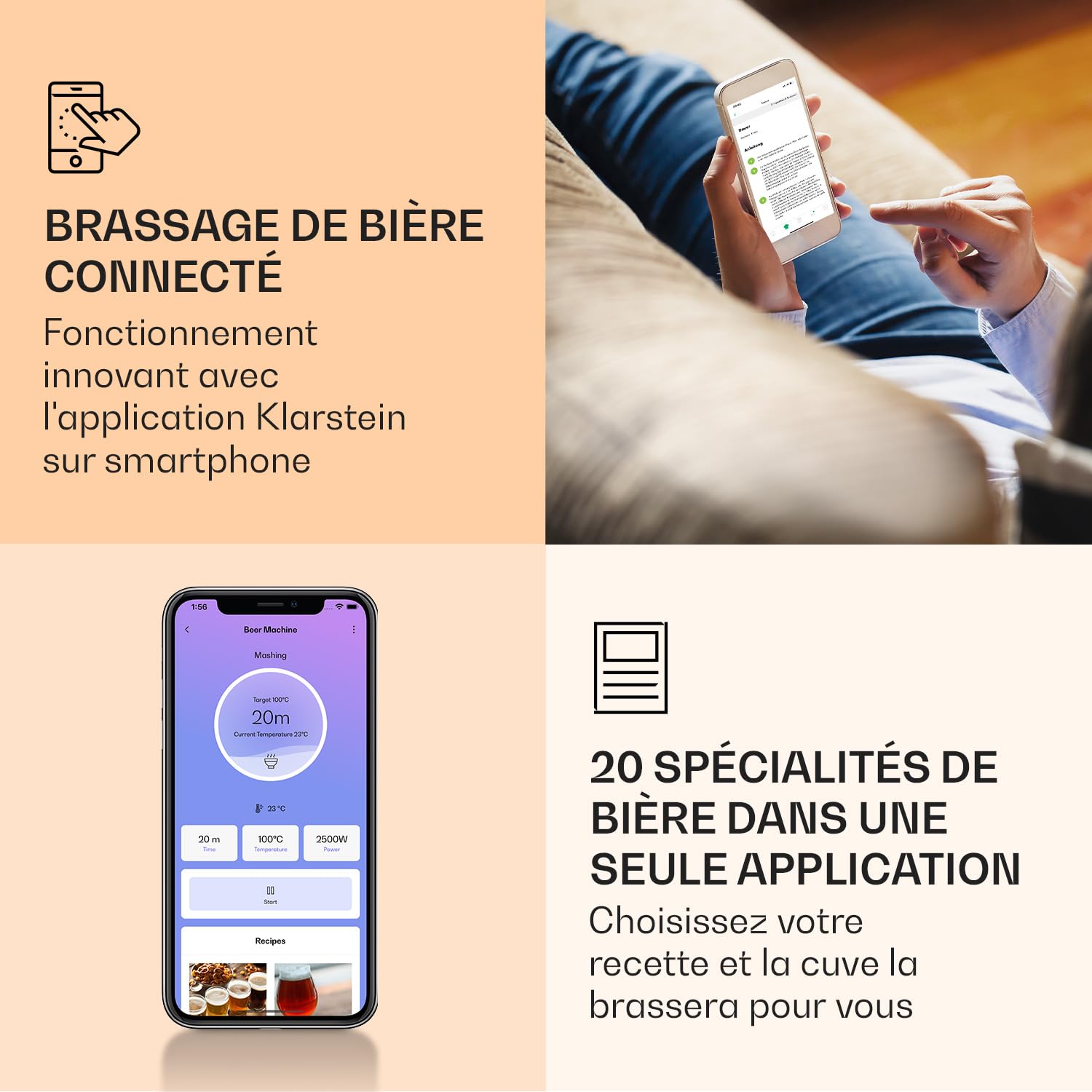 KLARSTEIN Kit Biere a Faire Soi Meme, Kit de Brassage Bière Complet avec Cuve de Brassage de 3300W, 65L, Acier Inoxydable, Mode Automatique, Fabrication Biere, Cuve de Fermentation, Brasseur