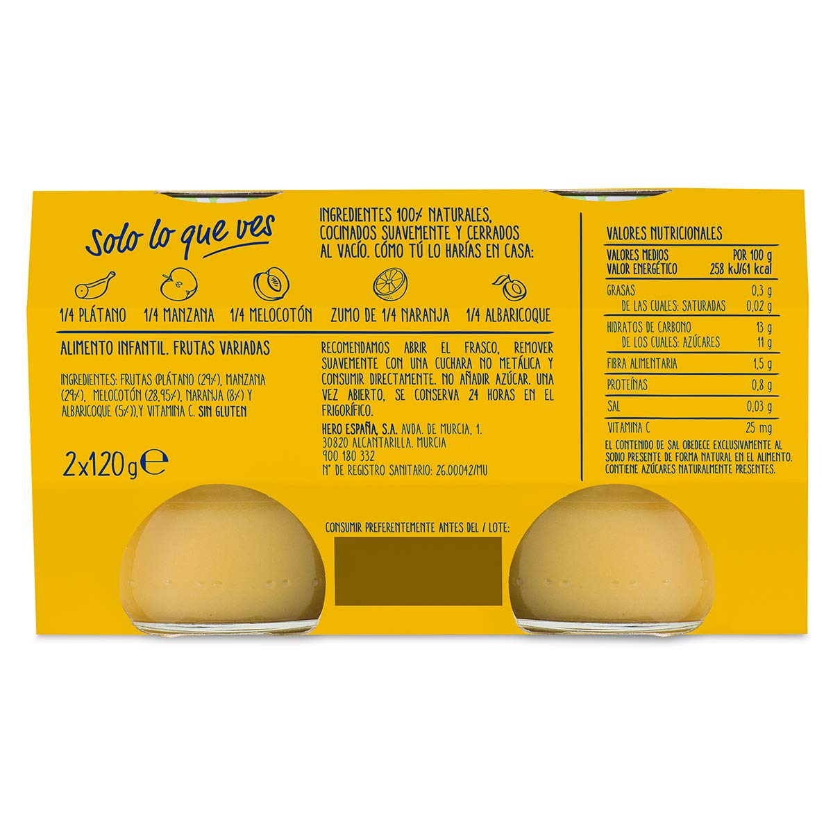 Hero Baby Tarritos de Frutas Variadas 100% Naturales Sin Azucares Añadidos Alimento Infantil 4 meses 120 g Pack 12