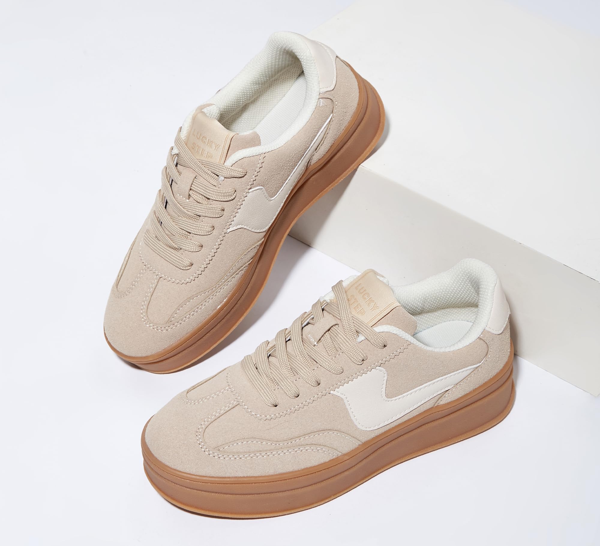 LUCKY STEP Women's Platform Fashion Sneakers Thick Sole Suede Genuine Leather Classic Rubber Gum Sole Low Top Casual Walking Shoes
