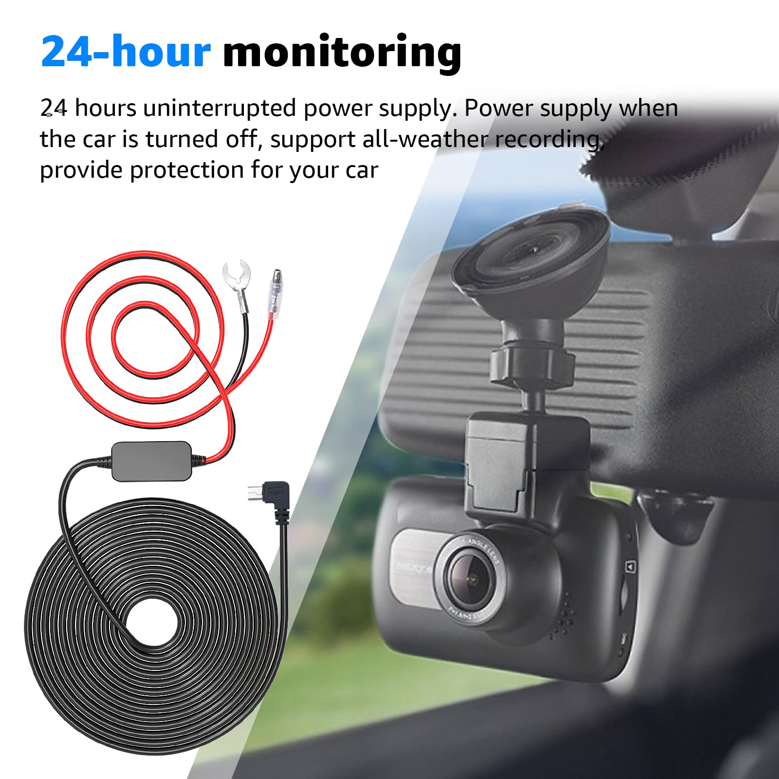 Kit de cable duro micro USB para cámara de salpicadero con cargador de cámara de salpicadero de coche de 12 V-24 V a 5 V, cable de alimentación de 4 cables de grifo, 24 horas de protección de