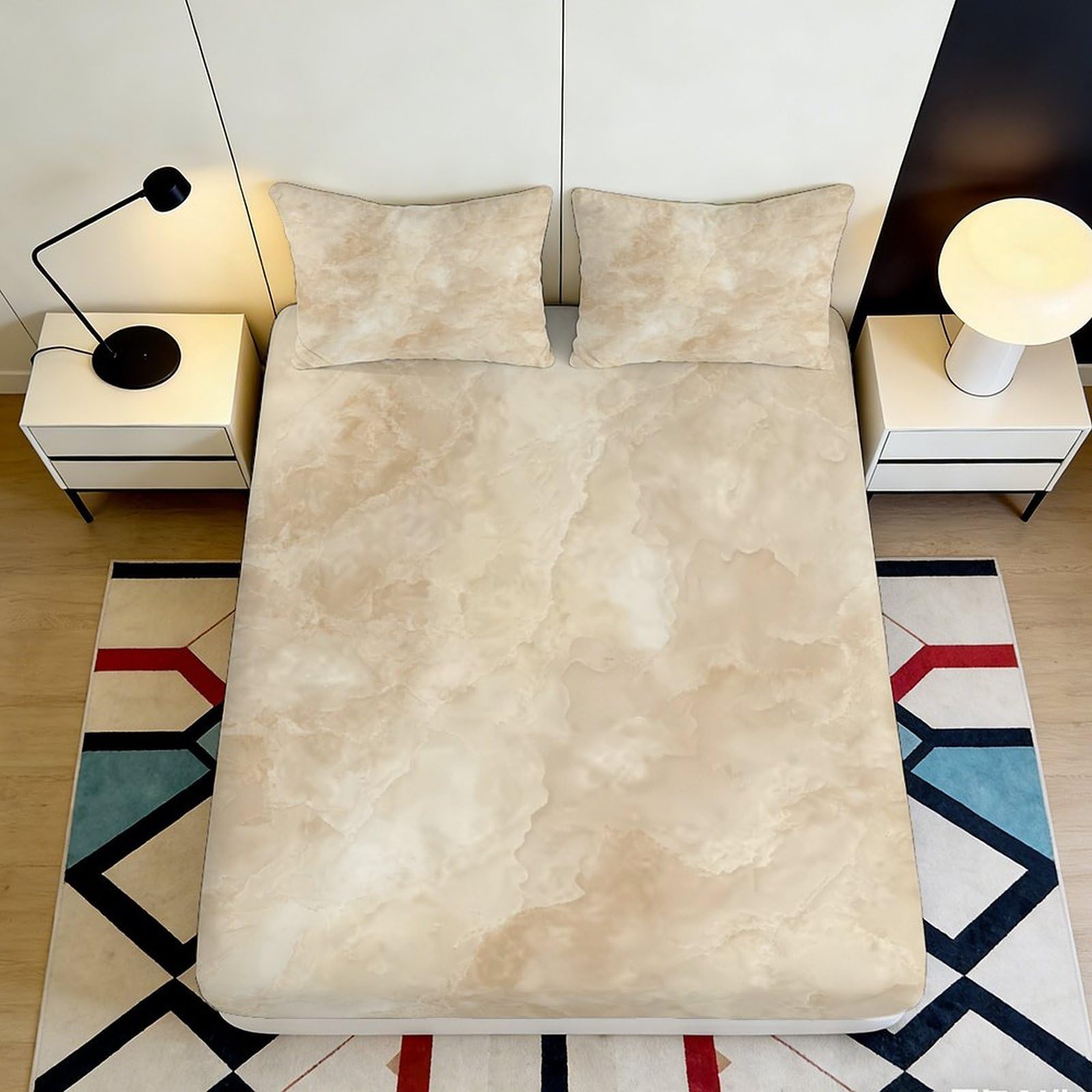 3D Printed Marble Texture Fitted Sheet Microfiber Soft Beige Stone Mattress Cover for Bedroom Guest Room Protection Decor 180x200x25cm