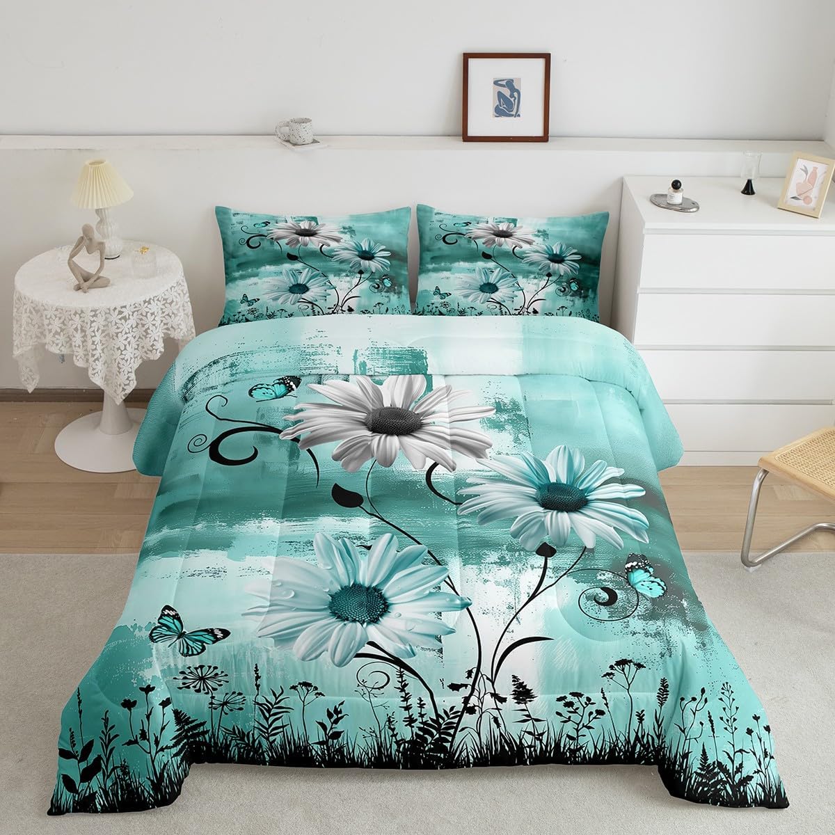 Castle Fairy Rustic Floral Comforter Set Queen Size,Farm Daisy Flowers Butterfly Country Bedding Set for Women Adult,Green Abstract Art Graffiti Luxury Bed Duvet Insert, 2 Pillowcases