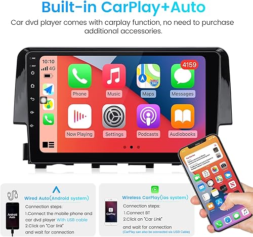 Miniatura 4 de Biorunn Android 11 - Radio estéreo de coche para Honda Civic 2016 2017 2018 2019 2020, unidad principal de navegación GPS incorporada para Android