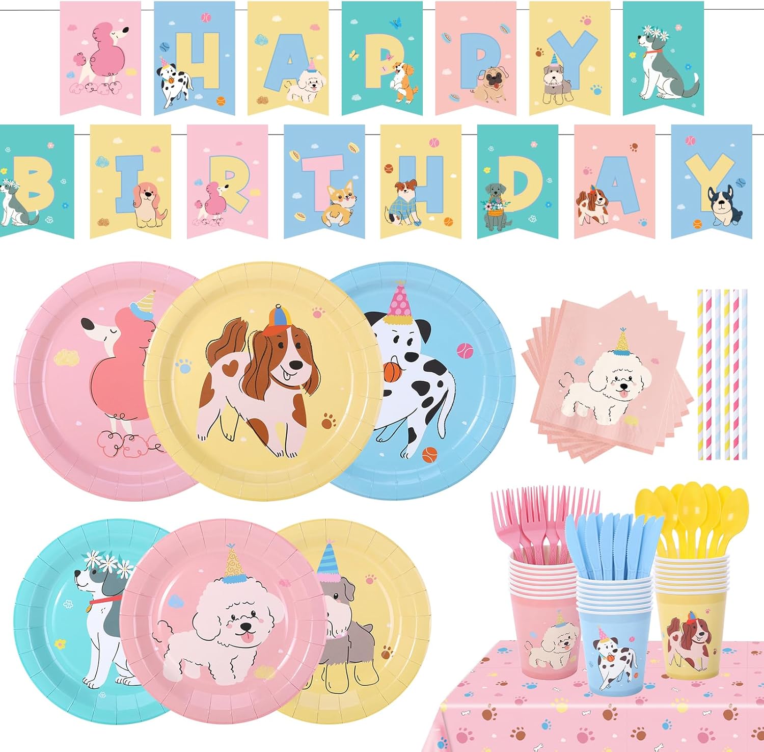Pet Dog Birthday Party Supplies, 194Pcs Retro Puppy Themed Tableware Set, Vintage Puppy Face Paper Plates and Napkins, Disposable Dinnerware for Birthday Baby Shower-serve 24 guests