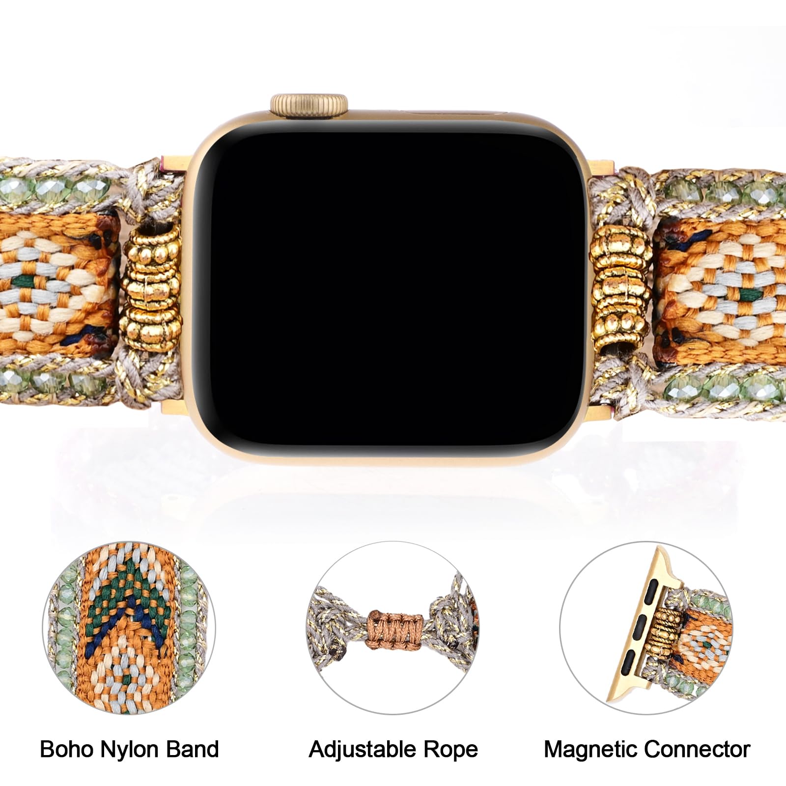 Bracelet en nylon tressé style western bohème compatible avec Apple Watch 38 mm, 40 mm, 41 mm, 42 mm, 44 mm, 45 mm, 49 mm - Bracelet réglable avec perles pour iWatch Series 9 8 SE Ultra 7 6
