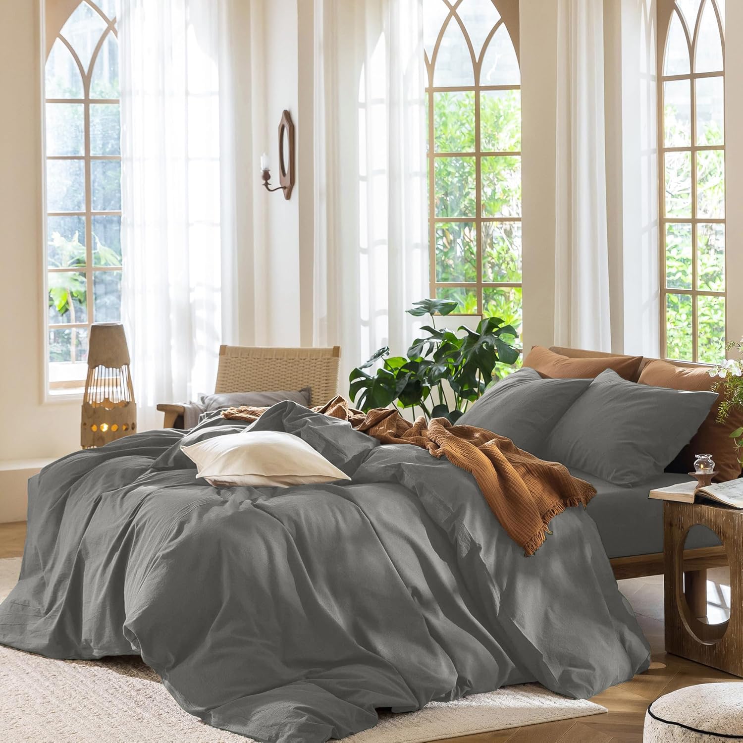 Luofanfei Housse de Couette 220x240 100% Coton Gris Parure de Lit Doux Respirant Linge de Lit 2 Personne avec Fermeture Éclair et Taies d'oreiller 65x65 cm