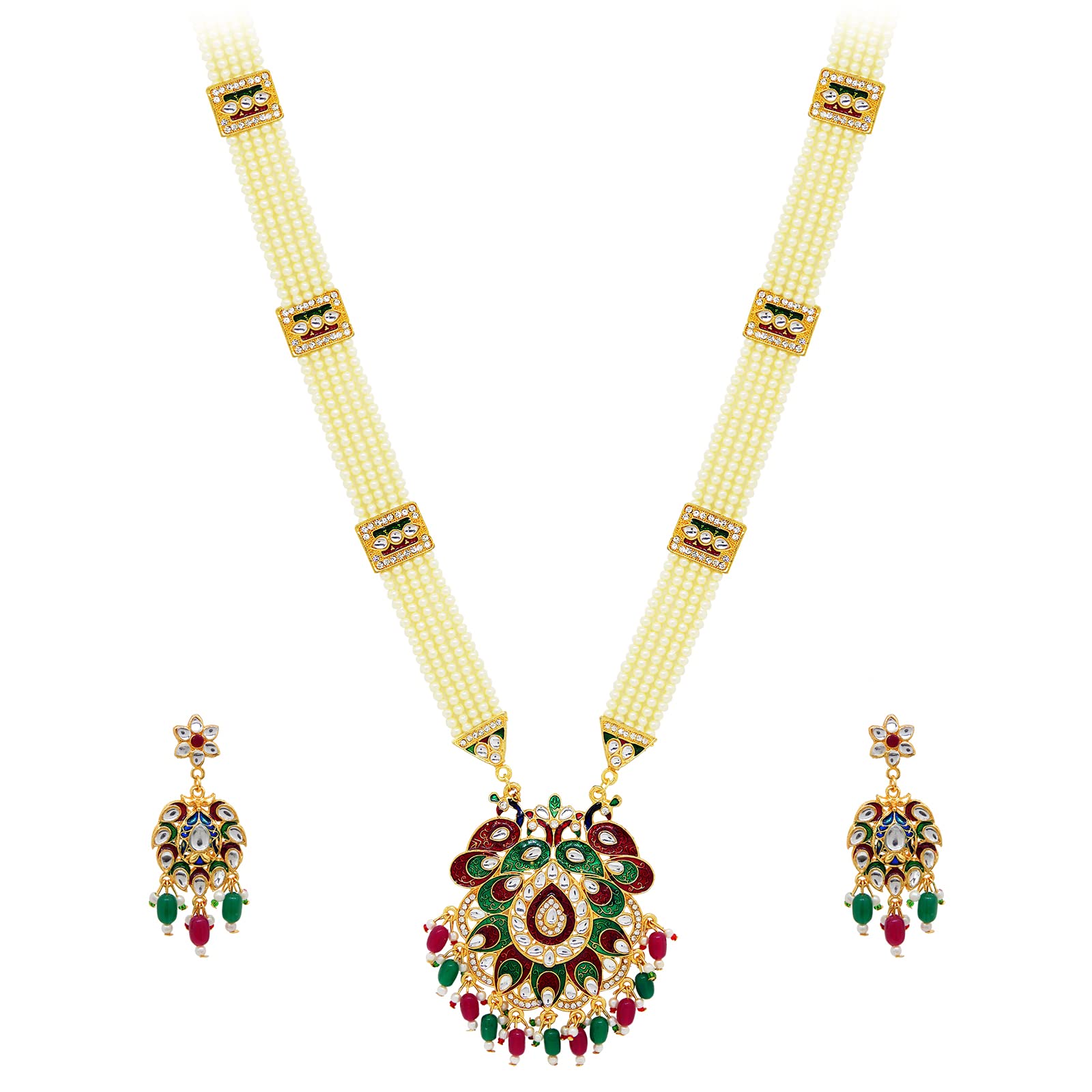 Fresh Vibes Multi-strand Pearls Long Haram Peacock Pendant Jewellery Set for Women - Party Wedding South Indian Traditional Gold Plated Long Raani Haar Necklace Set for Ladies (B09QHZX17K) Amazon Price History, Amazon Price Tracker