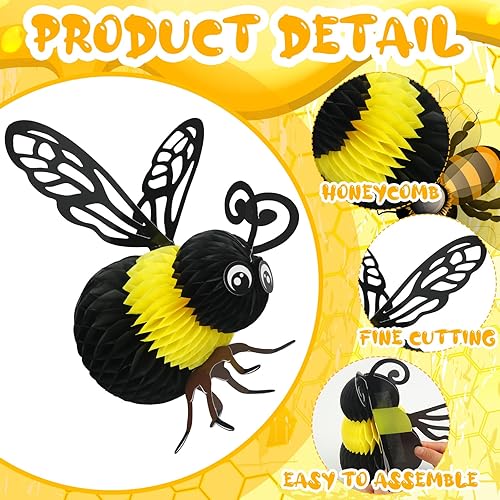 Miniatura 3 de Jetec 6 Pcs Bee Party Decorations 8'' Tissue Bee Honeycomb Hanging Decor for Baby Shower Gender Reveal Birthday Table Centerpieces Honey Hive