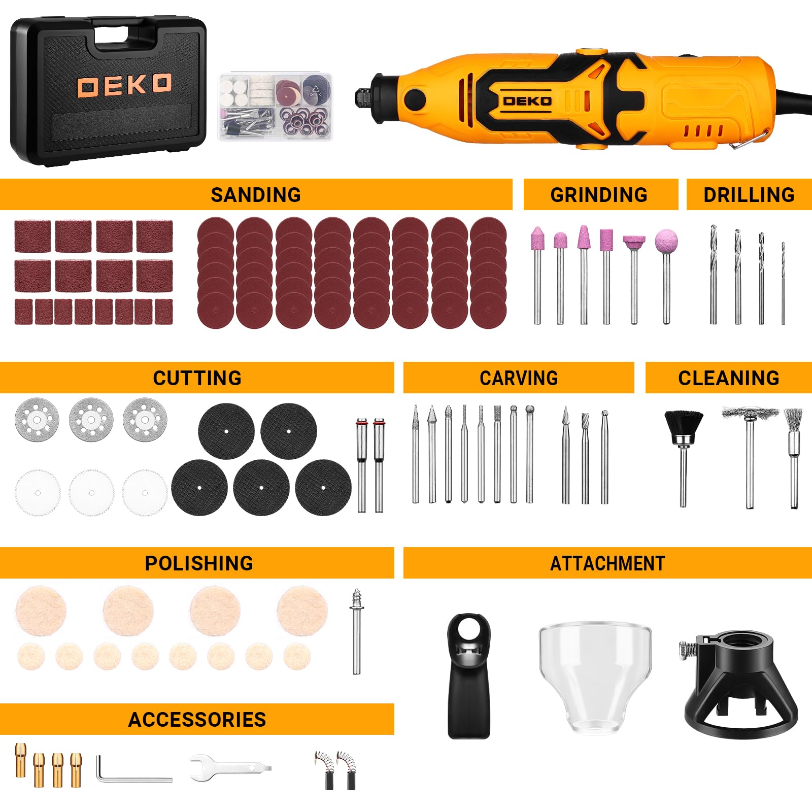 Kit di utensile multifunzione 170W: DEKOPRO 126pc Kit Multiuso per DIY, Mini trapano elettrico per legno/metallo - con albero flessibile per rettifica, incisione, lucidatura, pulizia (Giallo)