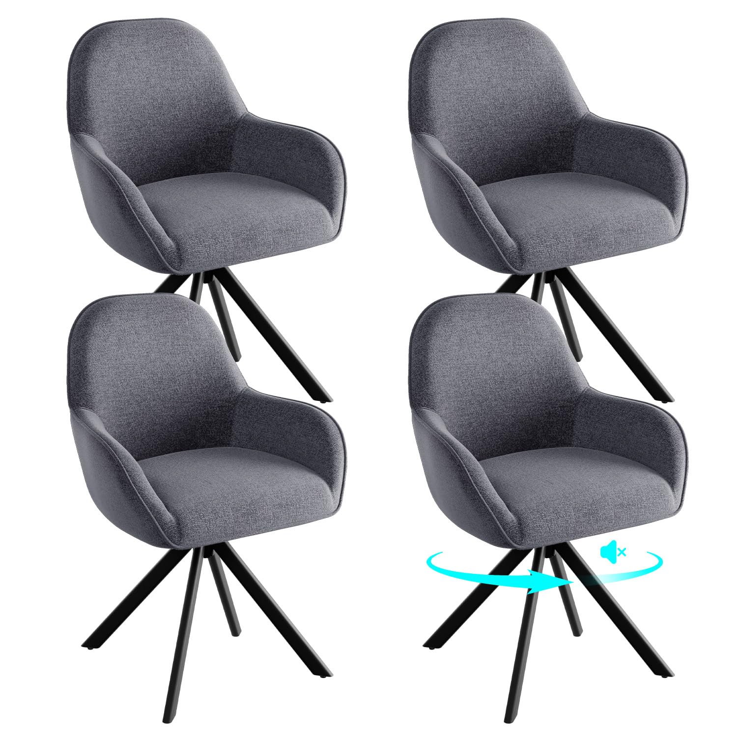ELUCHANG Esszimmerstühle Drehbar 4er Set, 360° Drehstuhl mit Hohen Armlehnen und 10 cm Dickem Sitzkissen, aus Leinenimitat, bis 150 kg Belastbar für Esszimmer, Wohnzimmer, Büro, Gr