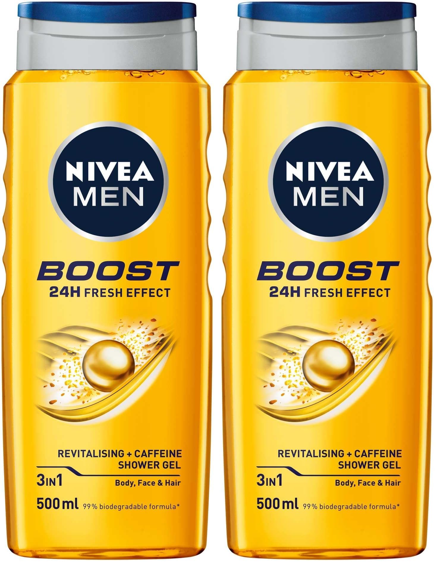 NIVEA Men Boost Duş Jeli 500 ml, 3'ü 1 Arada Komple Bakım, Vücut, Saç ve Yüz için, Kafein ile Canlandırıcı Bakım (2 paketi)