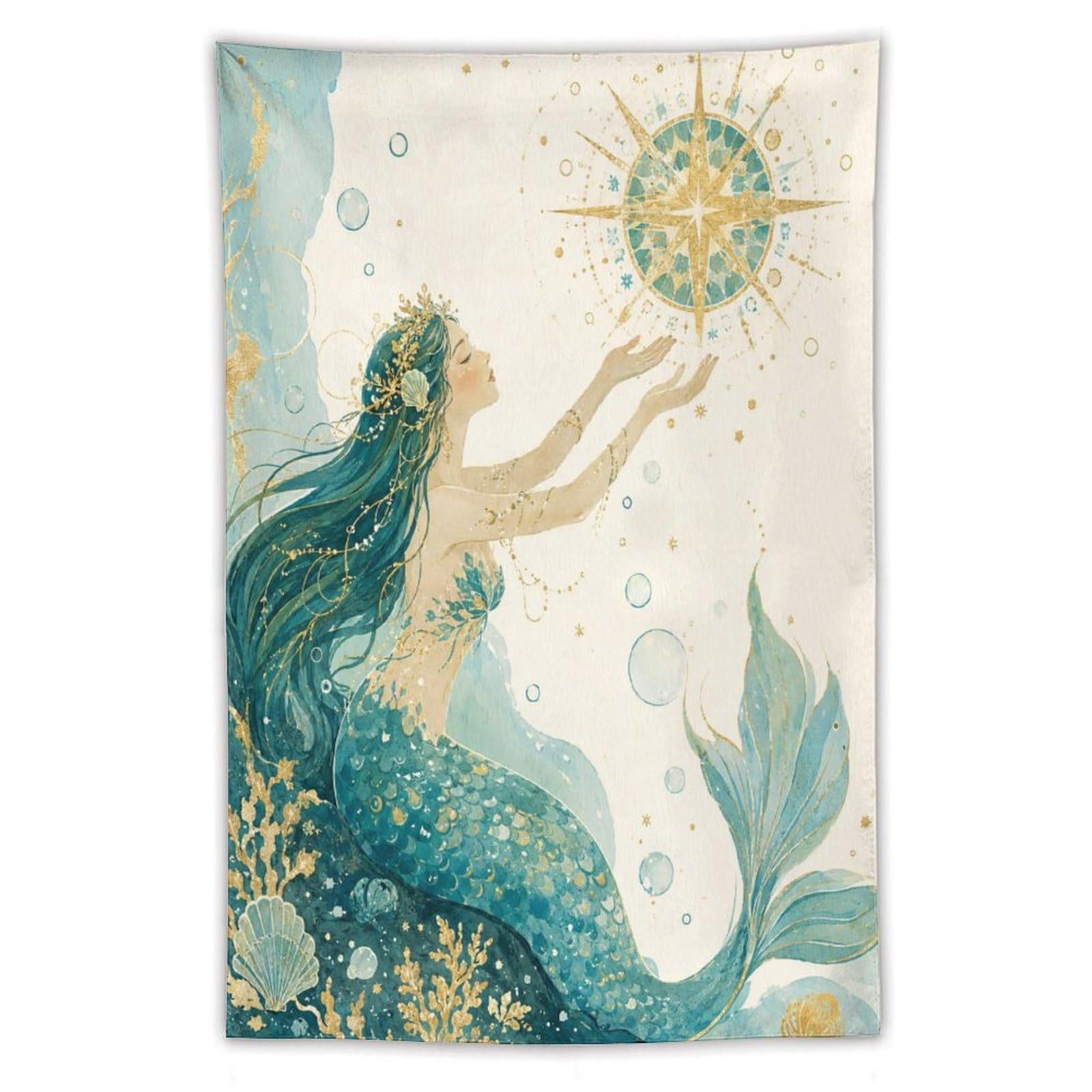 H3B8U2Y5 Mermaid with Golden Sun Wall Tapestry, Watercolor, Bedroom