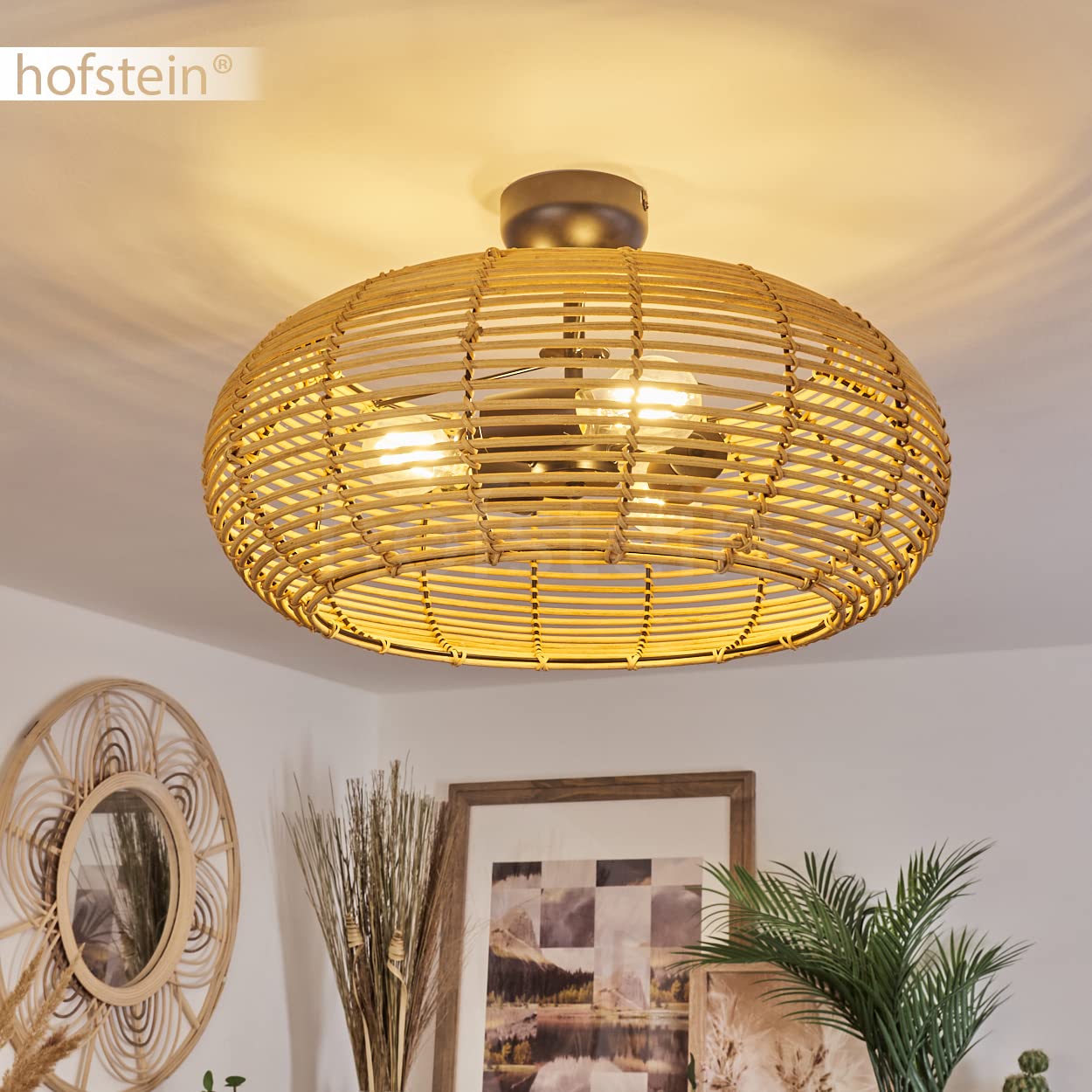 Lampada da soffitto Sepins, lampada in rattan/metallo in colore naturale/nero, design scandinavo, lampada boho con paralume a griglia e grande effetto luminoso, Ø 50 cm, E27, senza lampadina/e