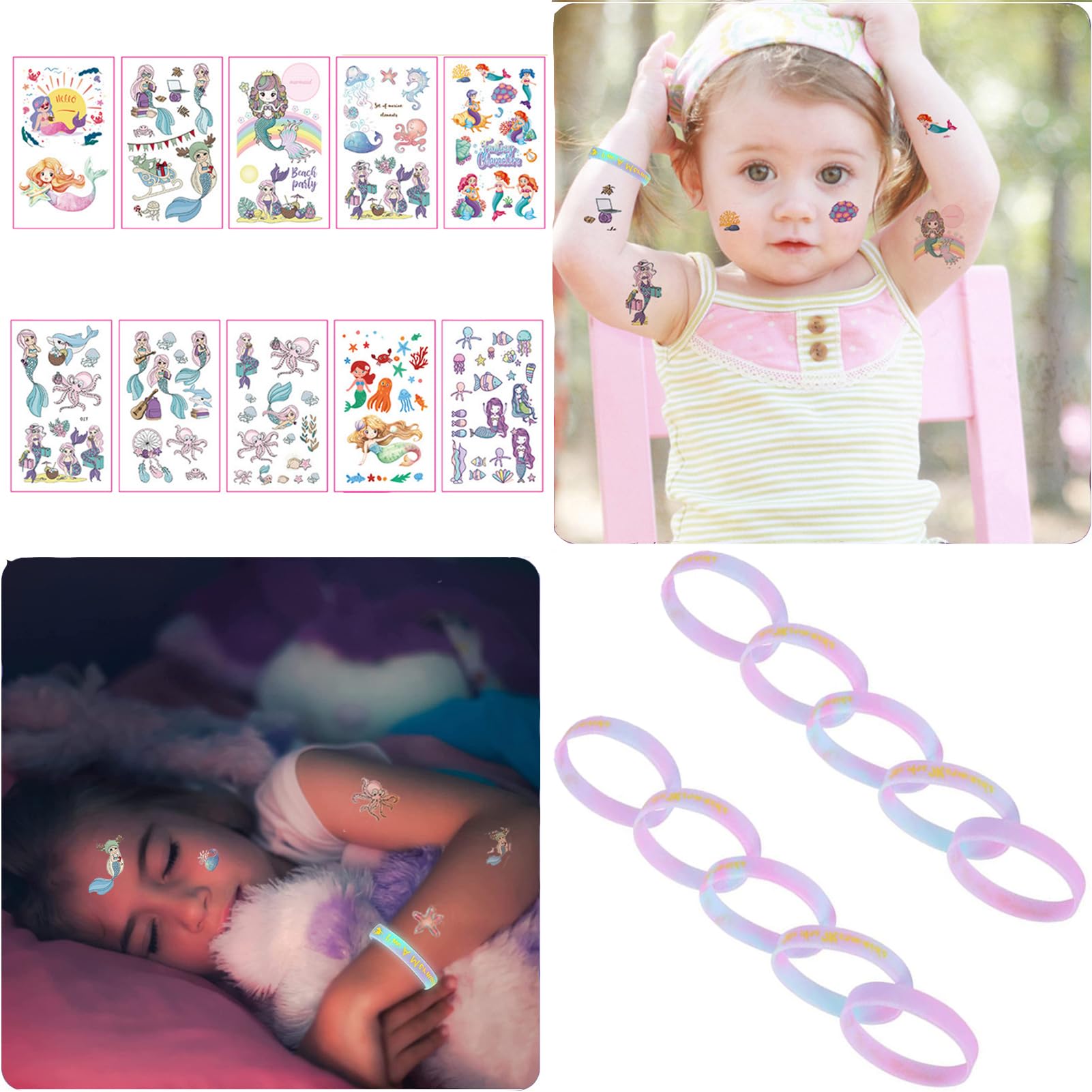 Lot de 32 cadeaux d'invités sirènes, anniversaire d'enfant, avec 10 bracelets sirène, 12 bracelets à clip, 10 autocollants de tatouage, pour anniversaire d'enfant et fête sirène