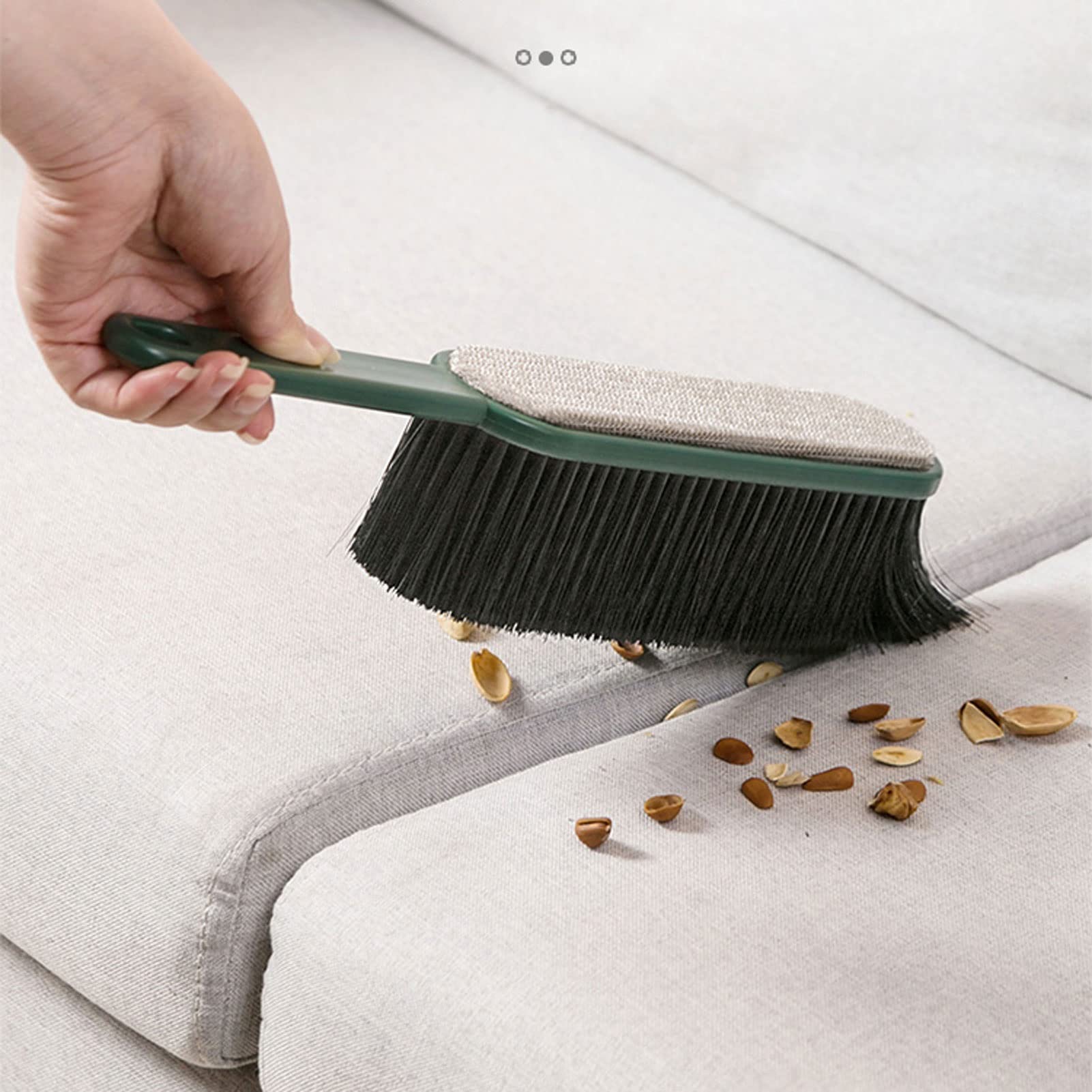 Escoba de mano verde y removedor de pelo de ropa, cepillo de cerdas suaves para sofá, alfombras y mostrador, ideal para eliminar el pelo de mascotas y el polvo fino