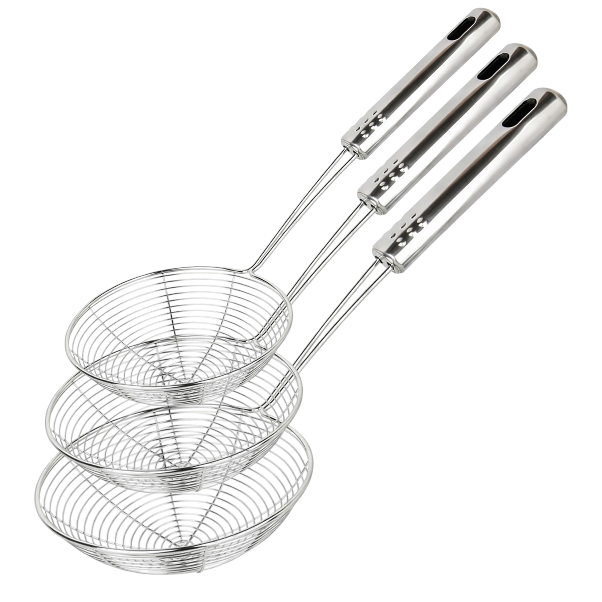 STL Pack of 3 Stainless Steel Strainer Wire Skimmer Ladle with Ergonomic Handle, Sieves Spider Mesh Filter, Solid Utensils Slotted Spoon for Kitchen, Frying Chipd Food, Pasta, Noodles, Spaghetti