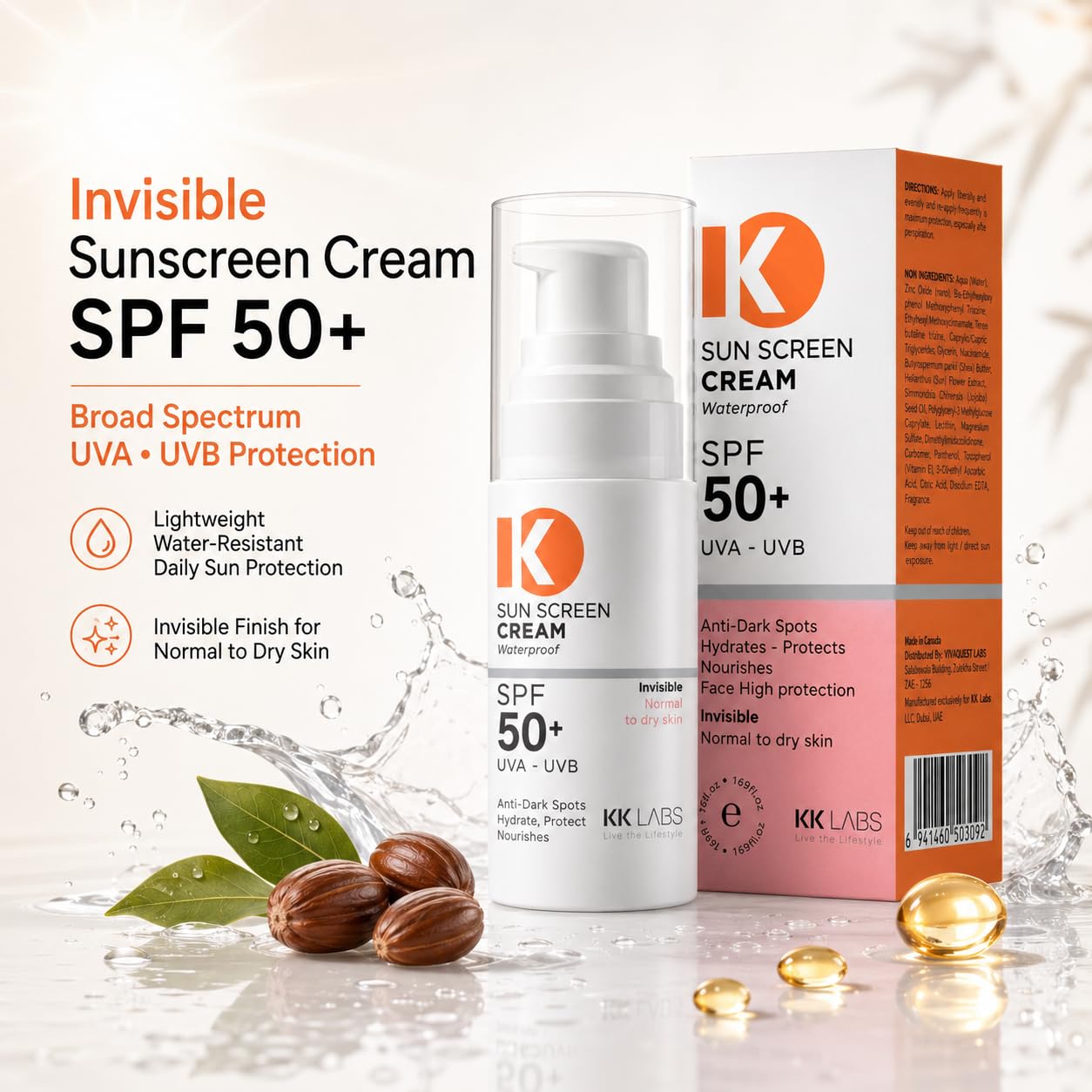 KK Labs Invisible Sun Cream for Normal to Dry Skin 50ml - Hydrating Daily Facial Sunscreen with a No-White-Cast, Comfortable Finish That Protects and Moisturises Dry Skin, Men and Women