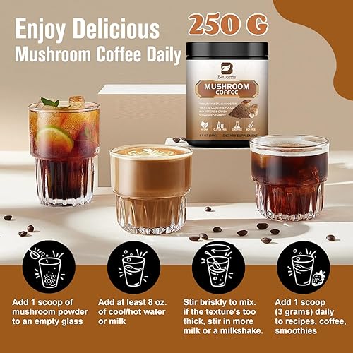 Miniatura 5 de Café de hongos  Café instantáneo en polvo de hongos de melena de león con melena de león, Reishi, Chaga, Cordyceps, cola de pavo  8.82 oz de café de