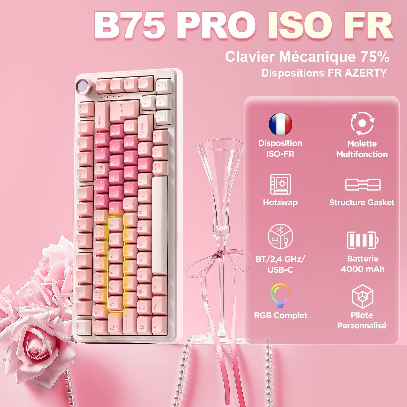 YUNZII B75 PRO Tastiera Meccanica Wireless, 75% Layout FR AZERTY, Tastiera da Gioco con Struttura Gasket, Hot-swap e Manopola, RGB, Connettività BT/USB-C / 2.4G (Rosa, Cocoa Cream V2 Switch)