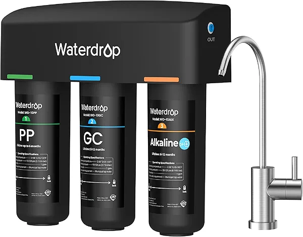 Waterdrop TSB-ALK 8 Layer Slightly Alkaline Under Sink Water Filter System, Reduces PFAS, PFOA/PFOS, Fluoride, Chlorine, Bad Taste & Odor, with Dedicated Faucet, Under Sink Water Filtration 