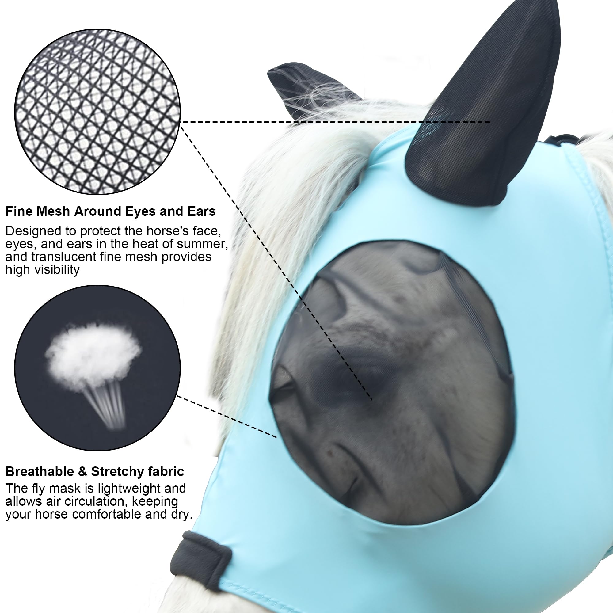 Gallopoff Horse Fly Mask Large Eye Space with Ears, Super Comfort Stretchy UV Protection for Horse Lake Blue Full - Image 2