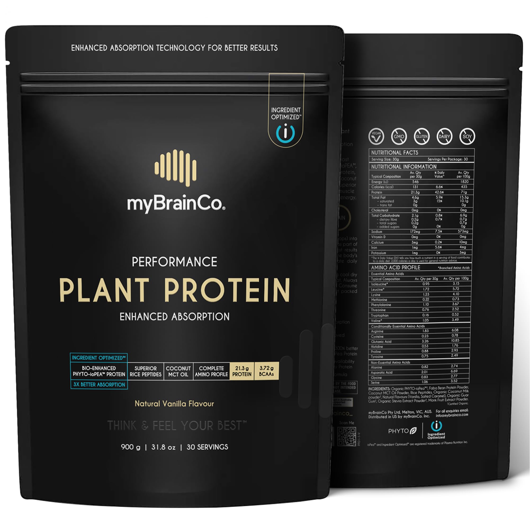 myBrainCo. Bio-Optimized Plant Protein Powder, 300% Better Absorption, Organic ioPea® + Rice Peptides + Pure MCT – Vegan, FODMAP Certified, No