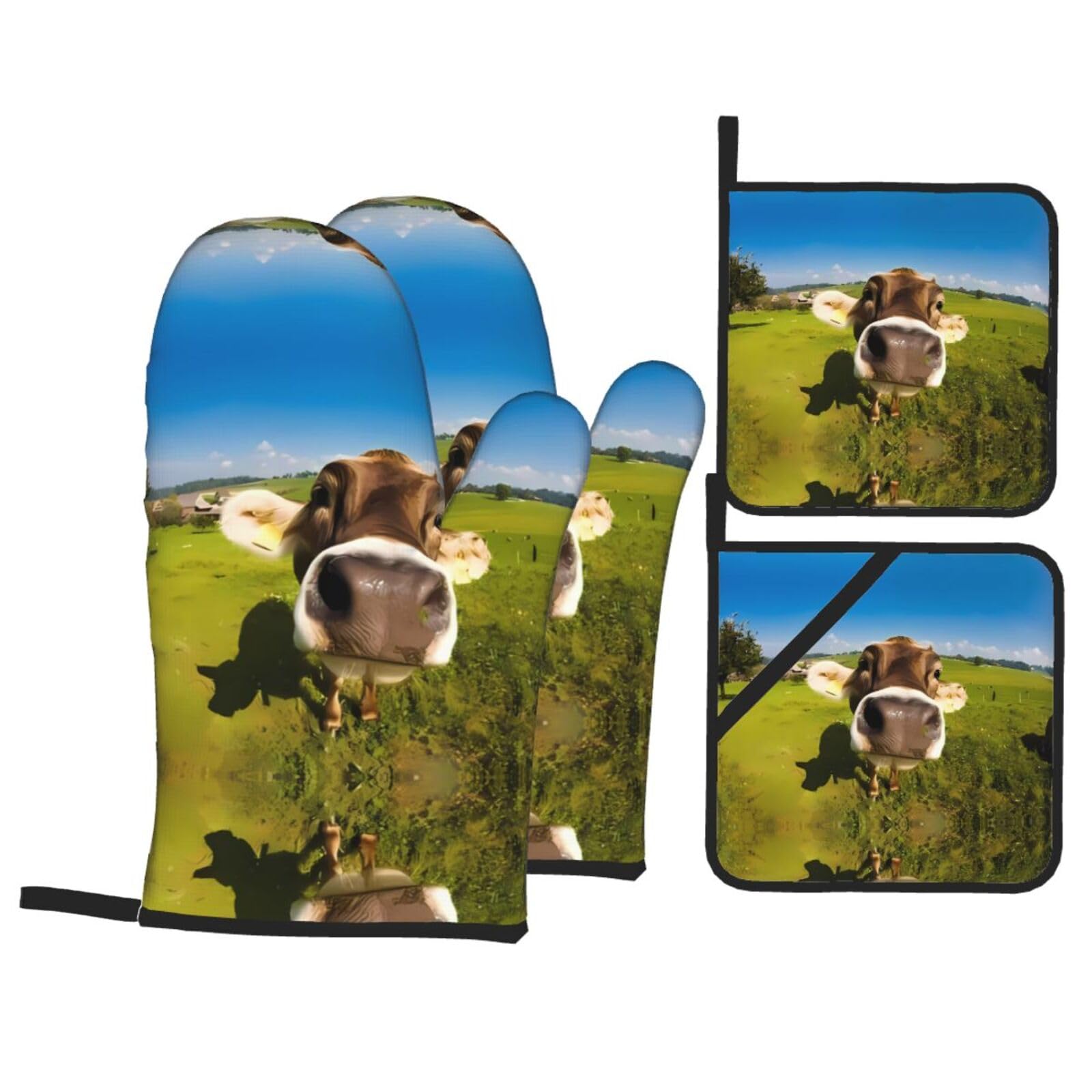 WHJSSF Wallpaper Desktop Cow Prints Kitchen Baking Set - 4-Piece Heat Protection Layers with Waterproof Potholders for Oven, Grill & Serving