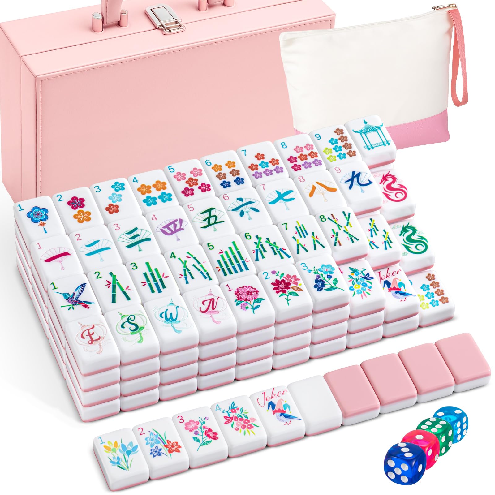 Photo 1 of Soulchen 1.2 Inch Acrylic Pink American Mahjong Set 168 Blossom Numbered Tiles, Tiles Bag and Portable Case Classic Complete Mahjong Set for Adult Collection Gift