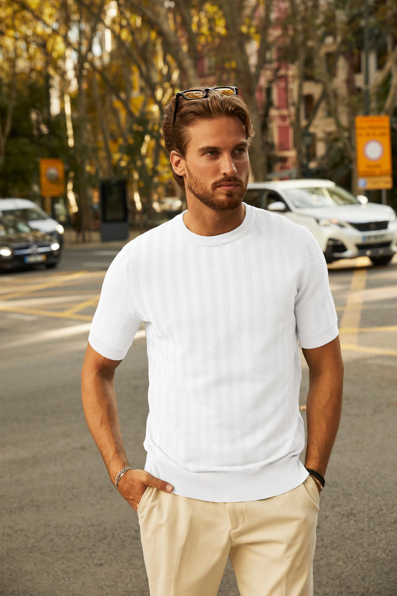 PJ PAUL JONES Camiseta de punto con cuello redondo para hombre, informal, manga corta