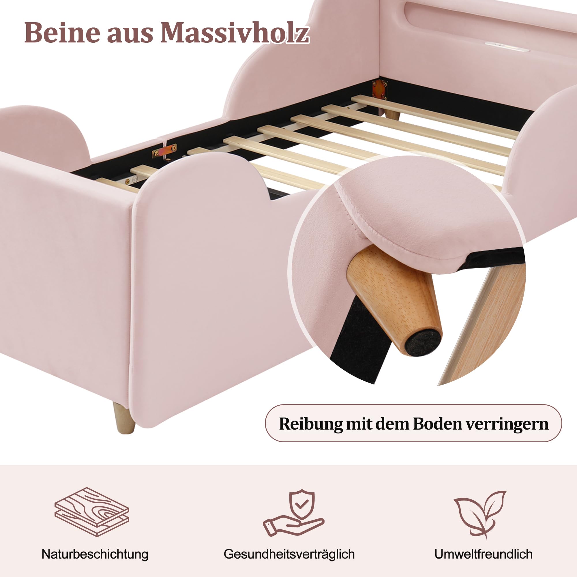 Kinderbett Polsterbett 90x200, Einzelbett mit LED Nachtlicht, USB-Ladeanschluss und Ablagefächern, Jugendbett Funktionsbett Bettgestell mit Rausfallschutz und Lattenrost, Samt, Ohne Matratze, Rosa
