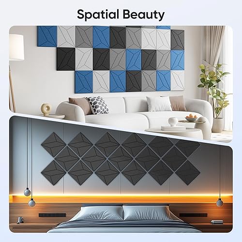 Miniatura 5 de Paquete de 12 paneles acústicos de 12 x 12 x 0.4 pulgadas para absorción de sonido de pared, paneles de sonido cuadrados autoadhesivos con rayas P,