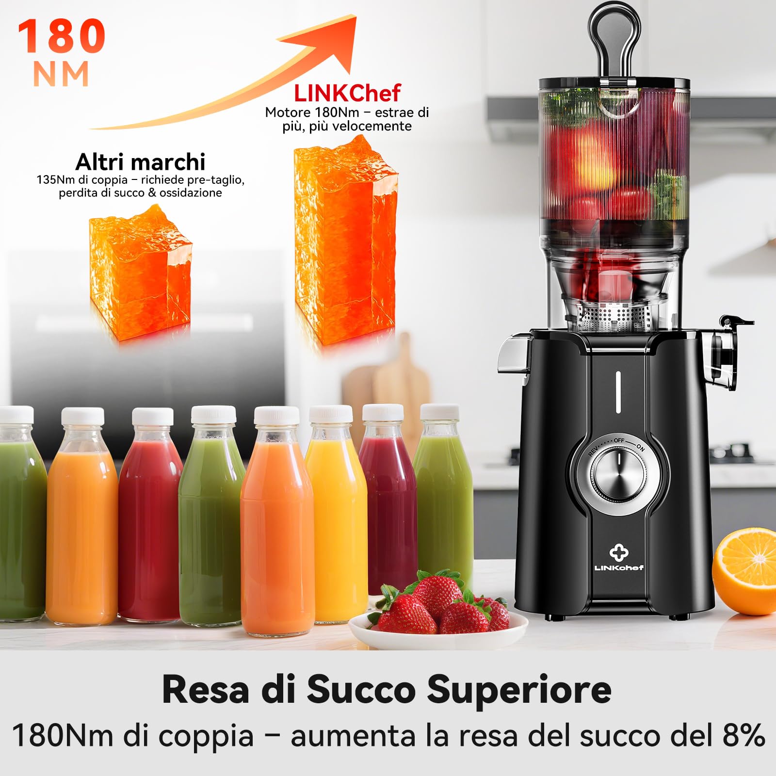 Pulizia Veloce Estrattore Automatico, 115mm Senza Preparazione Estrattore di Frutta e Verdura Intera, LINKchef Estrattore di Succo, Facile da Pulire, 1.2L 200w Nero
