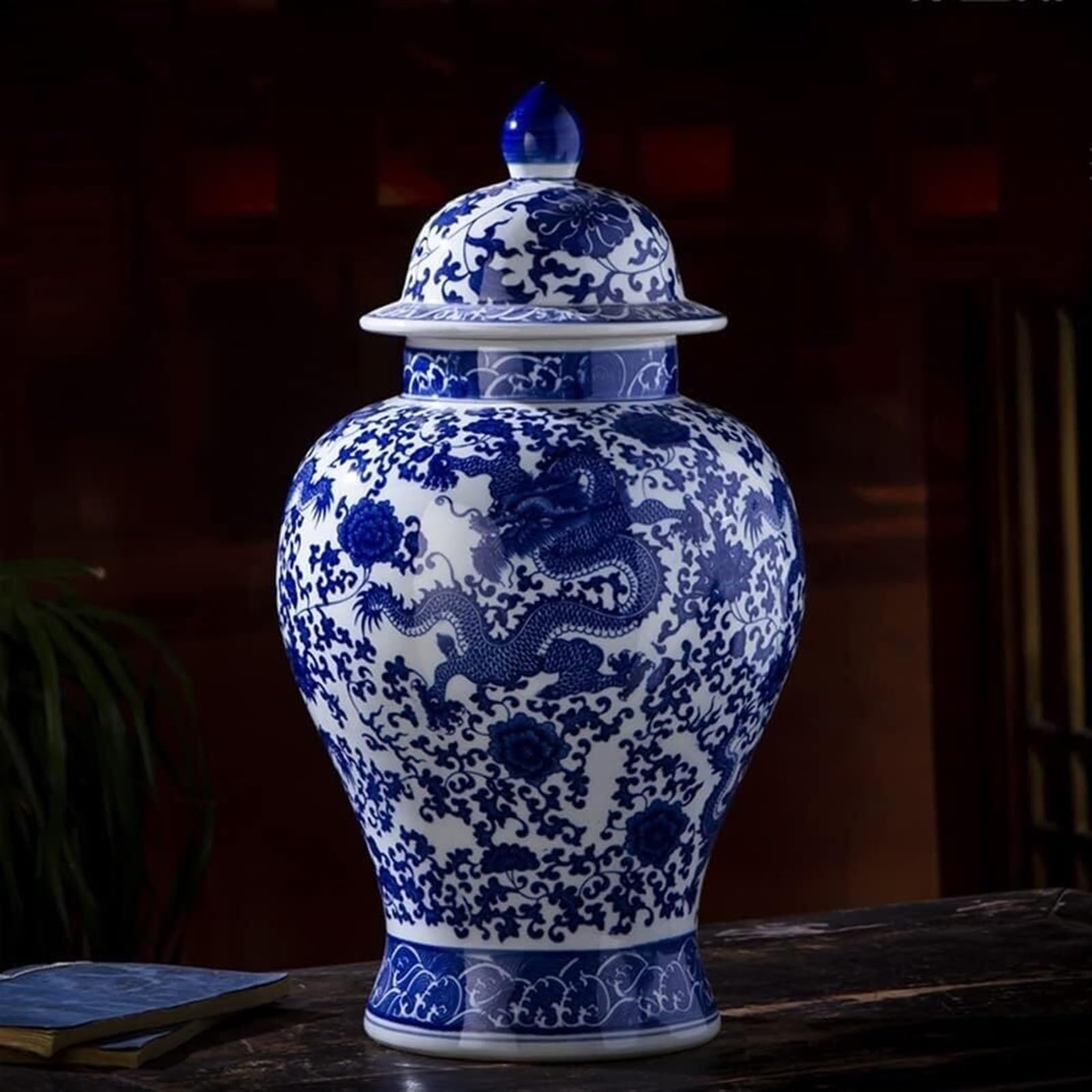 Duży wazon na kwiaty w słoiku na imbir, ceramiczny wazon, słoik na imbir z pokrywką do wystroju domu, niebieski i biały, dekoracyjny słoik z porcelany,