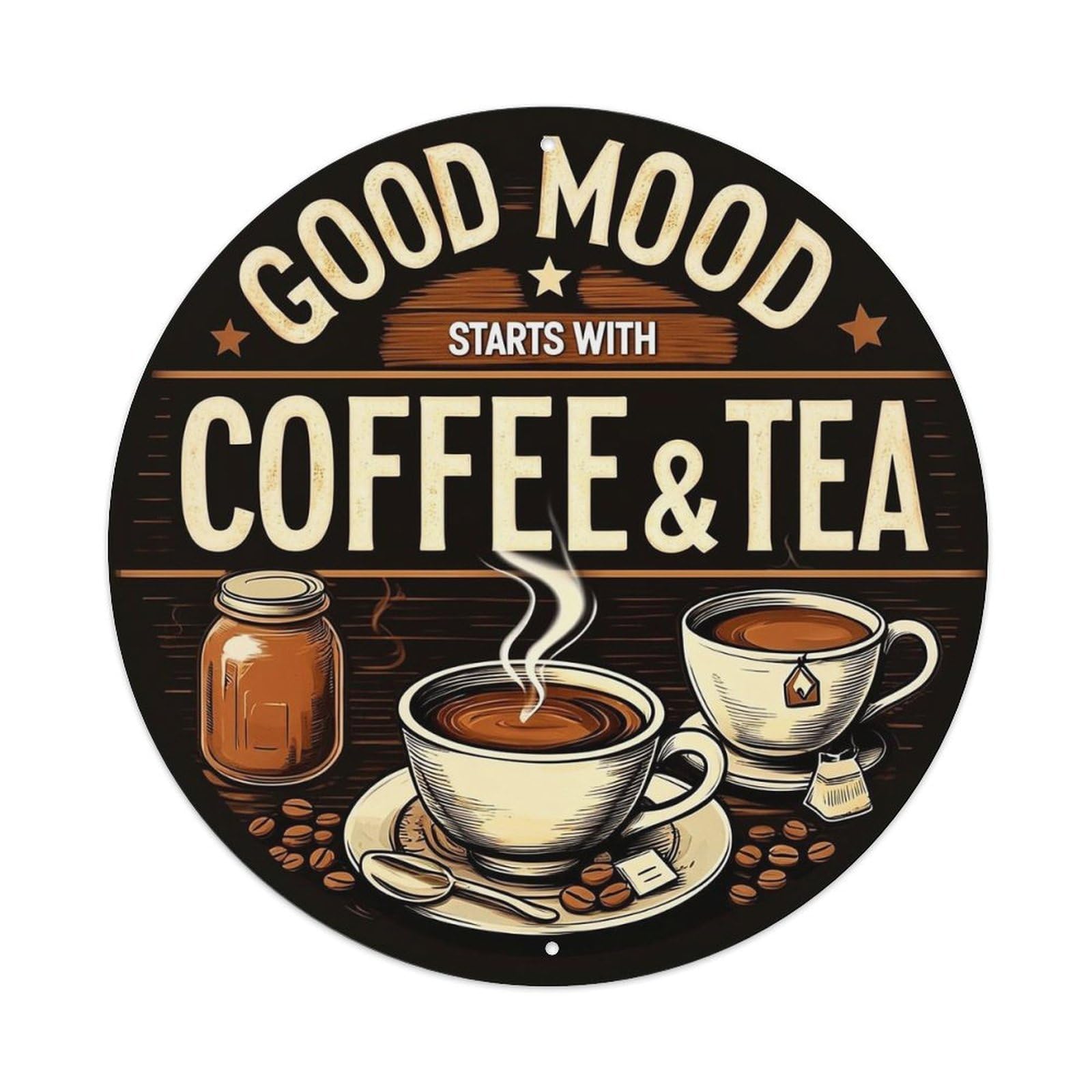 Coffee Tea Jar Spoon Beans Retro Metal Sign Round Tin Sign, Vintage Decor Art Poster for Bar, Home, Man Cave, Kitchen, Laundry Room Gift 8x8Inch