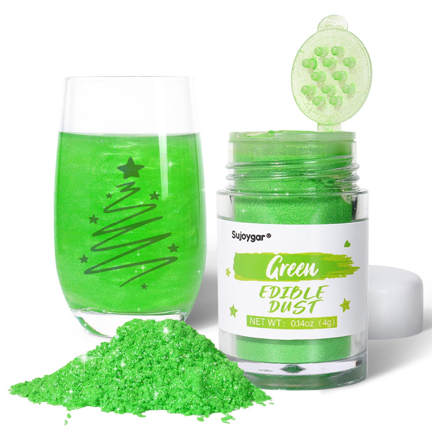 Sujoygar Green Edible Glitter for Cocktails, Food Grade 4g Luster Dust Edible Drink Glitter Shimmer Powder for Cake Decoration Chocolate Beverage Cupcake Baking