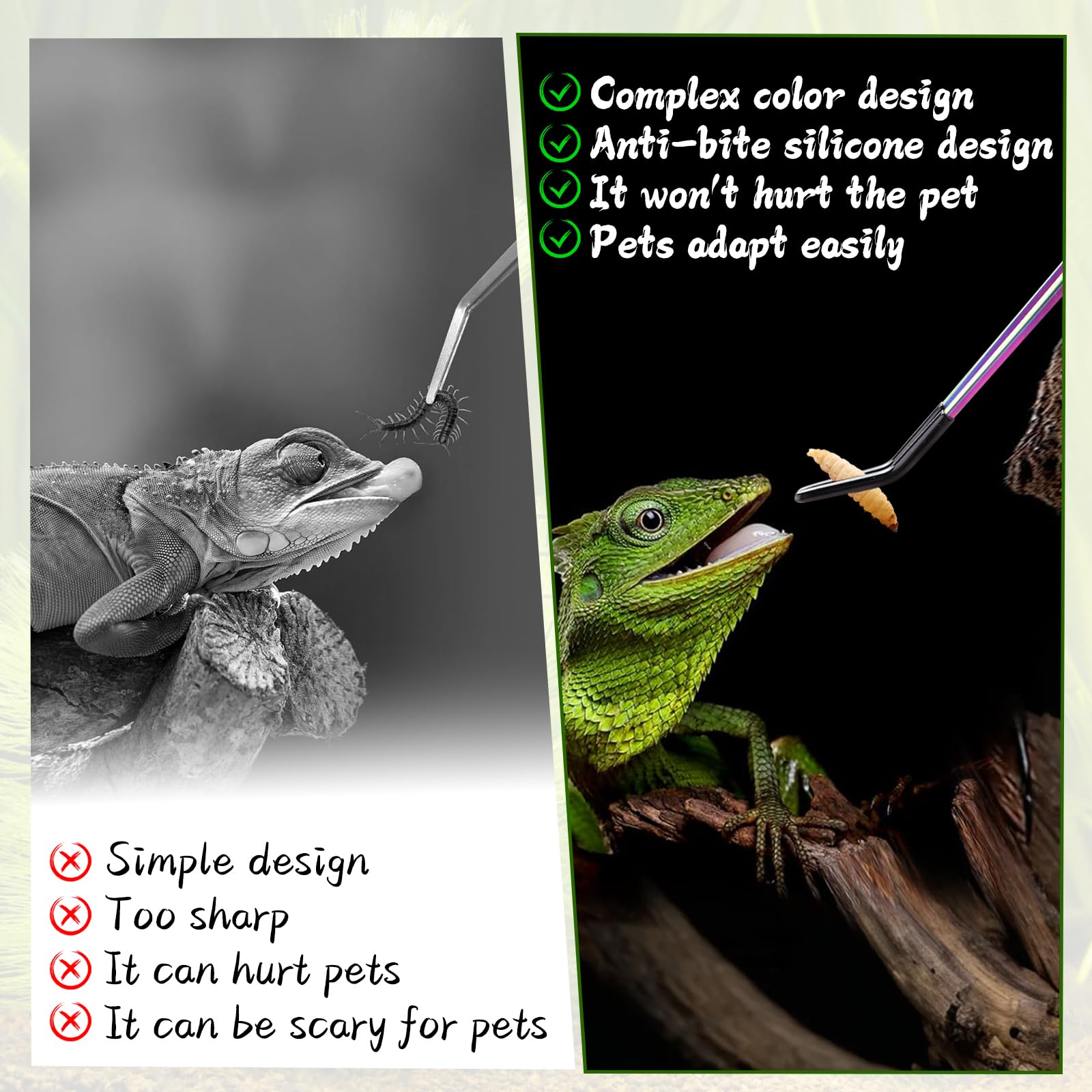 OLIISS Stainless Steel Reptile Feeding Tongs with Rubber Tip - 10.6" Straight & Curved Tweezers for Aquariums & Crafts - Feeder Tools for Bearded Dragons & Lizards - Terrarium Tank Supplies - 2 Pack - 5