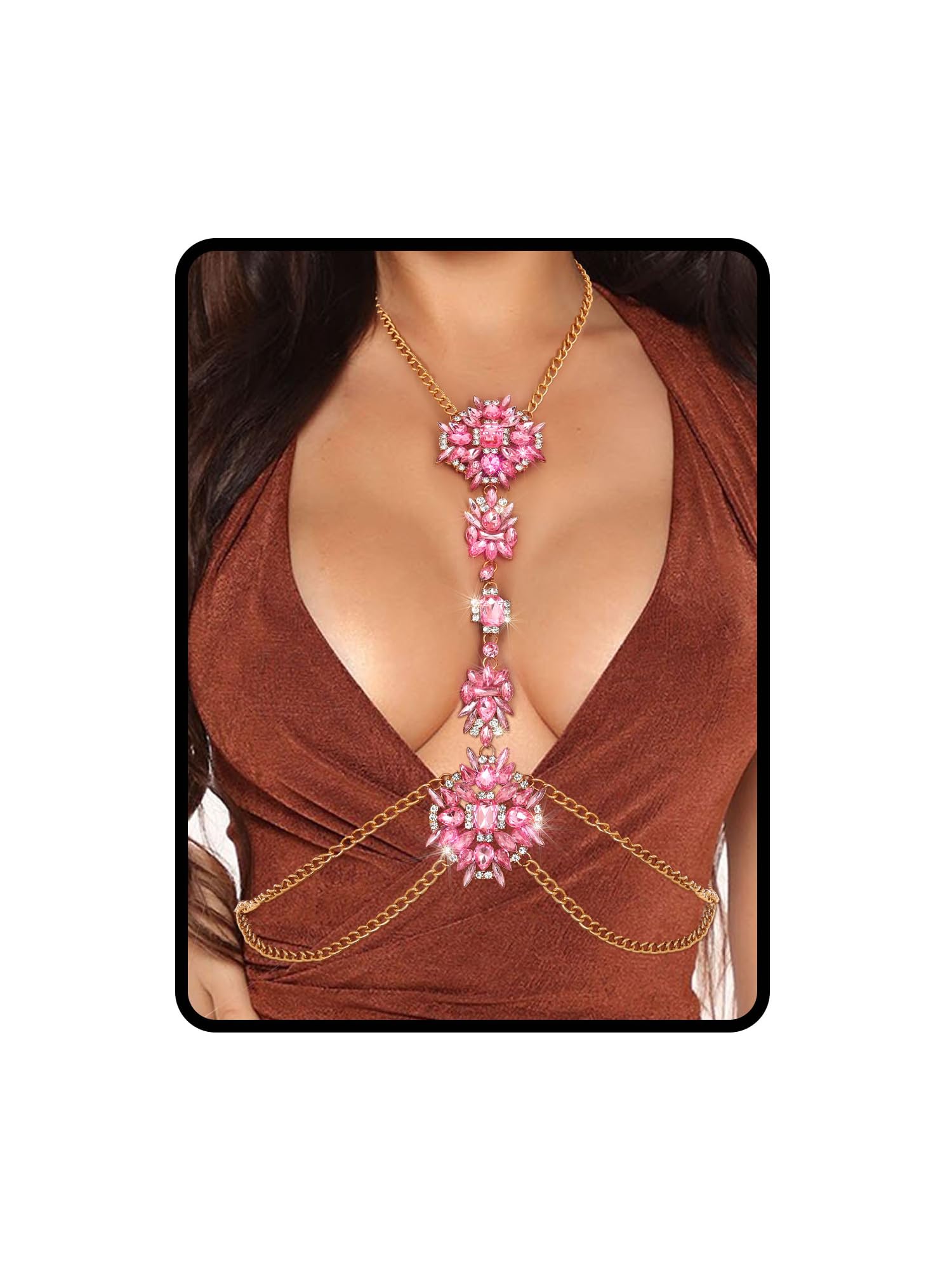 ELABEST Boho Rhinestone Statement Chest Chain Crystal Necklace Body Chain Summer Beach Body Jewelry Accessories for Women