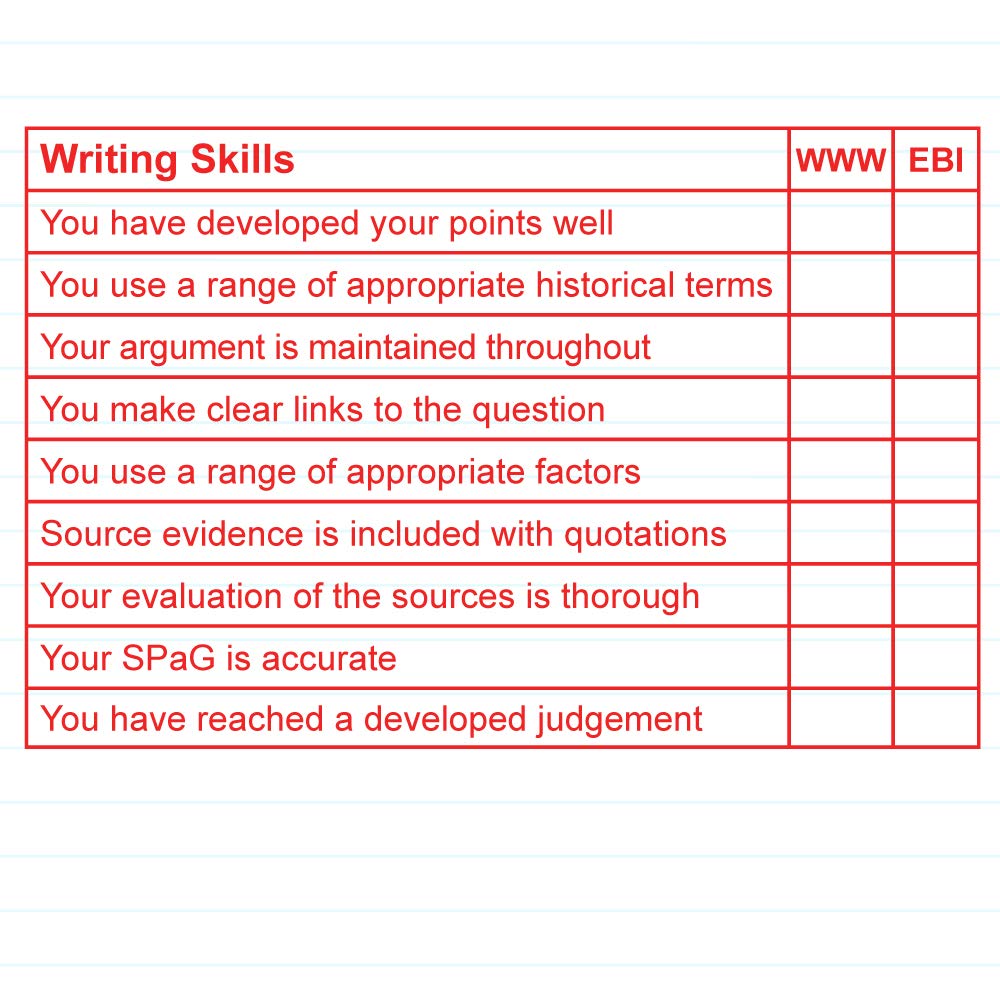 History Writing Skills EBI / WWW, Key Stage 3 Teacher Stamp - Large Format 11x6cm. Choice ink colour (Red Ink)*