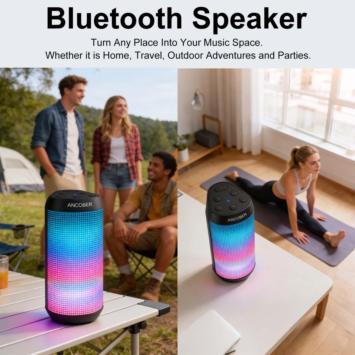 Altoparlante Bluetooth, altoparlante wireless portatile con suono forte stereo HD, luci LED RGB, tempo di riproduzione 36 ore, accoppiamento surround TWS, impermeabile IPX4, BT5.3 con AUX, per esterni