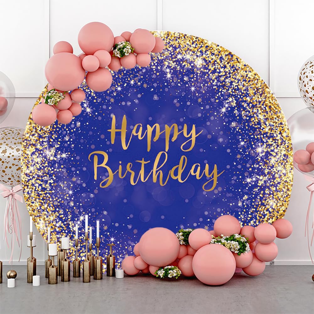 Diametro 2,3m Buon Compleanno Sfondo Rotondo Oro Glitter Dots Royalblue Sfondo per la Fotografia Festa di Compleanno Baby Shower Decorazione Photo Booth Oggetti di Scena, Poliestere